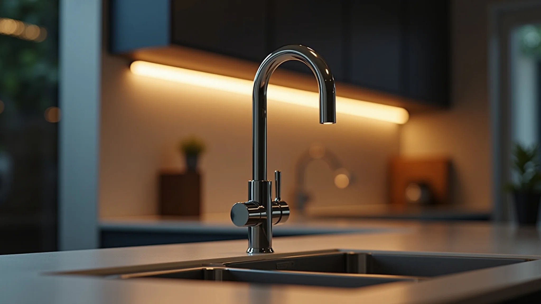 Spots de LED destacando detalhes da cozinha, pia de aço inoxidável, design brasileiro.