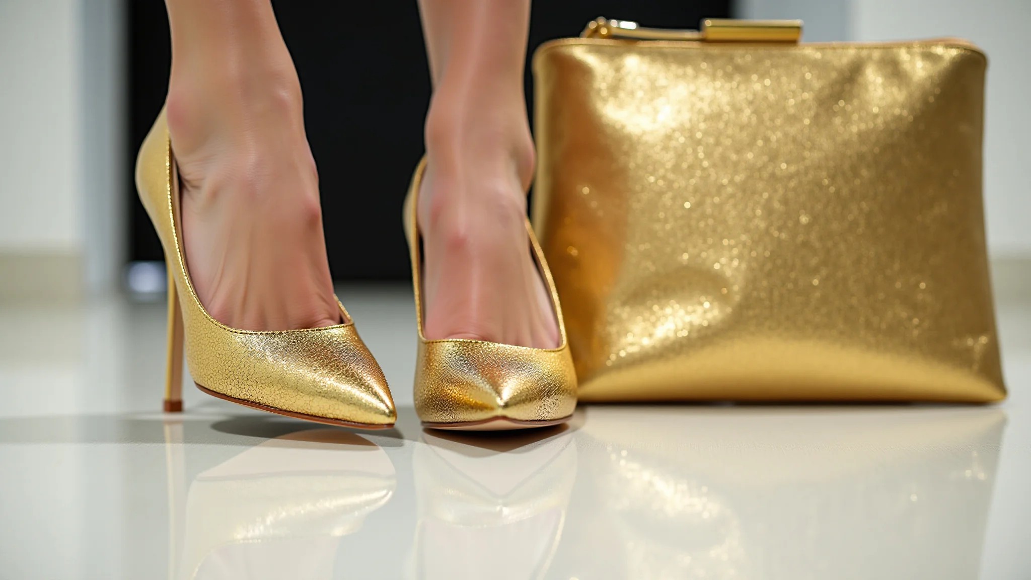 Salto alto e clutch dourados. Combinação elegante para eventos noturnos.