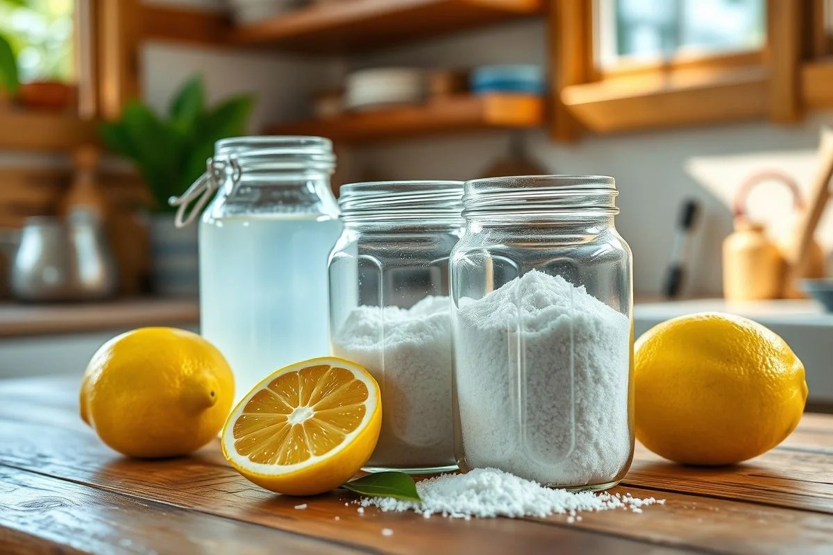 Ingredientes naturais para limpeza caseira: limões, bicarbonato, vinagre.