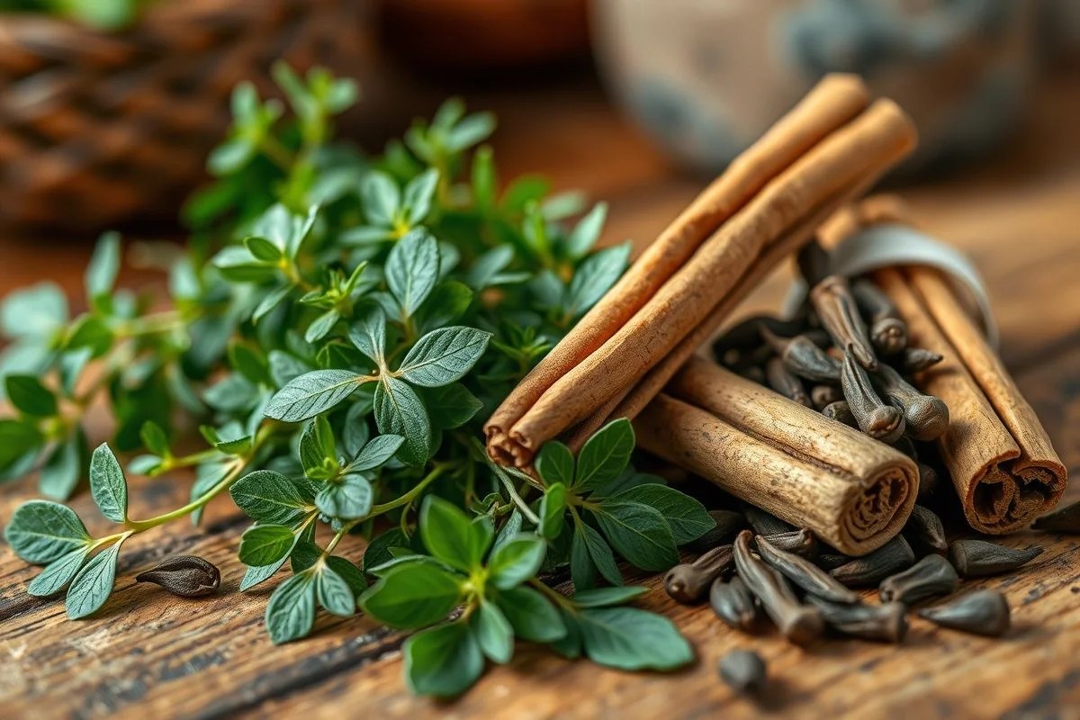 Orégano, canela e cravo dispostos em mesa de madeira, ingredientes do chá.