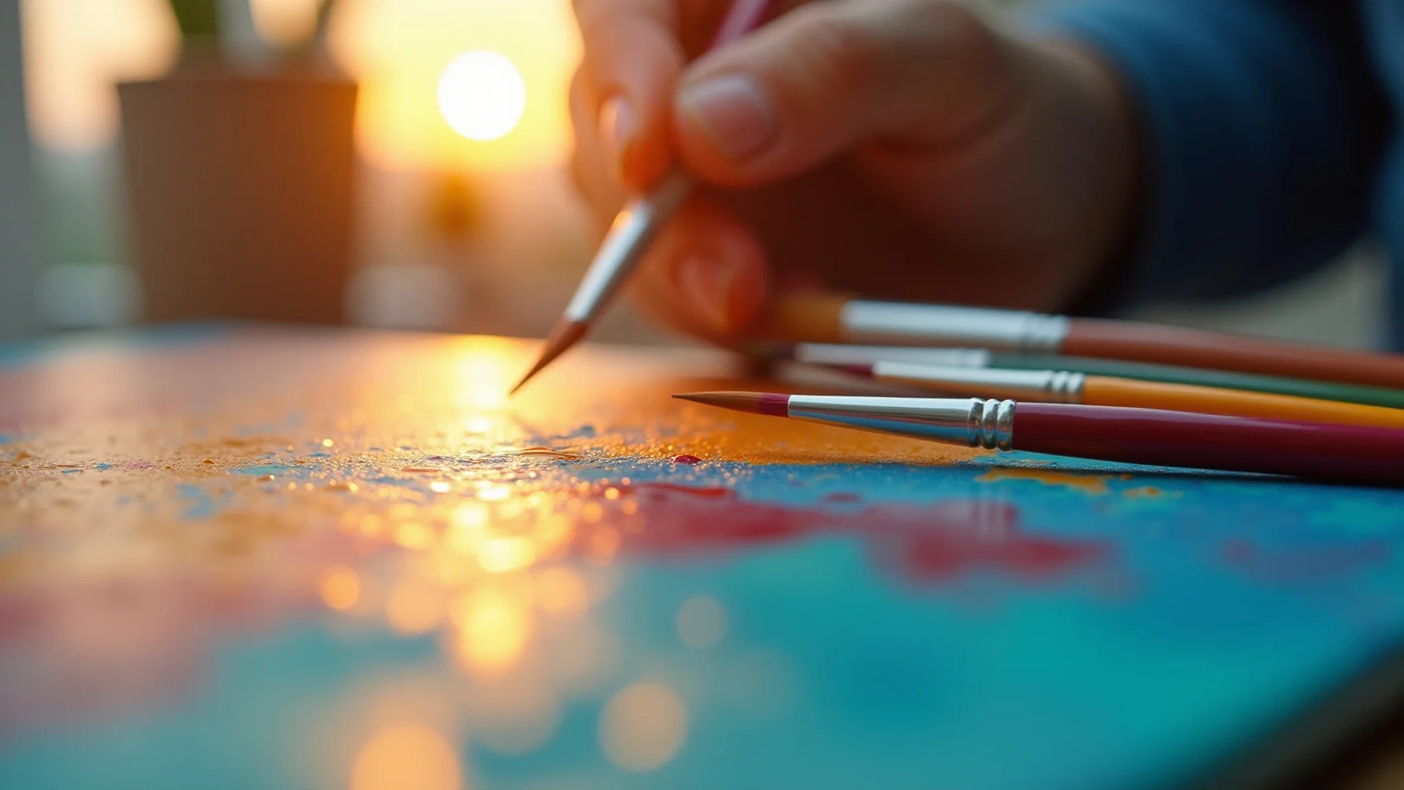 Pincéis e paleta com cores vibrantes, pintura abstrata em andamento.