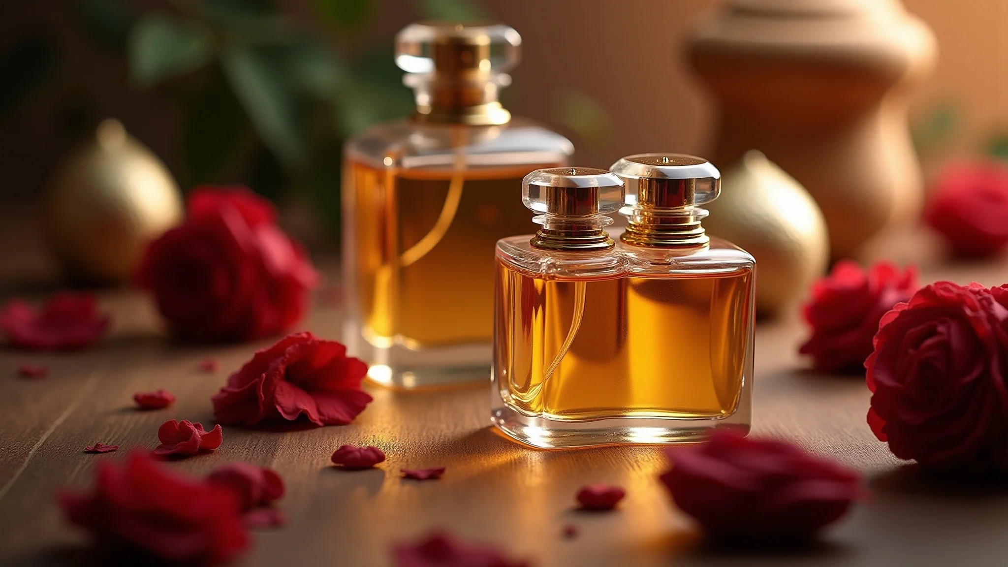 Frascos de perfume oriental em ambiente elegante e iluminado.