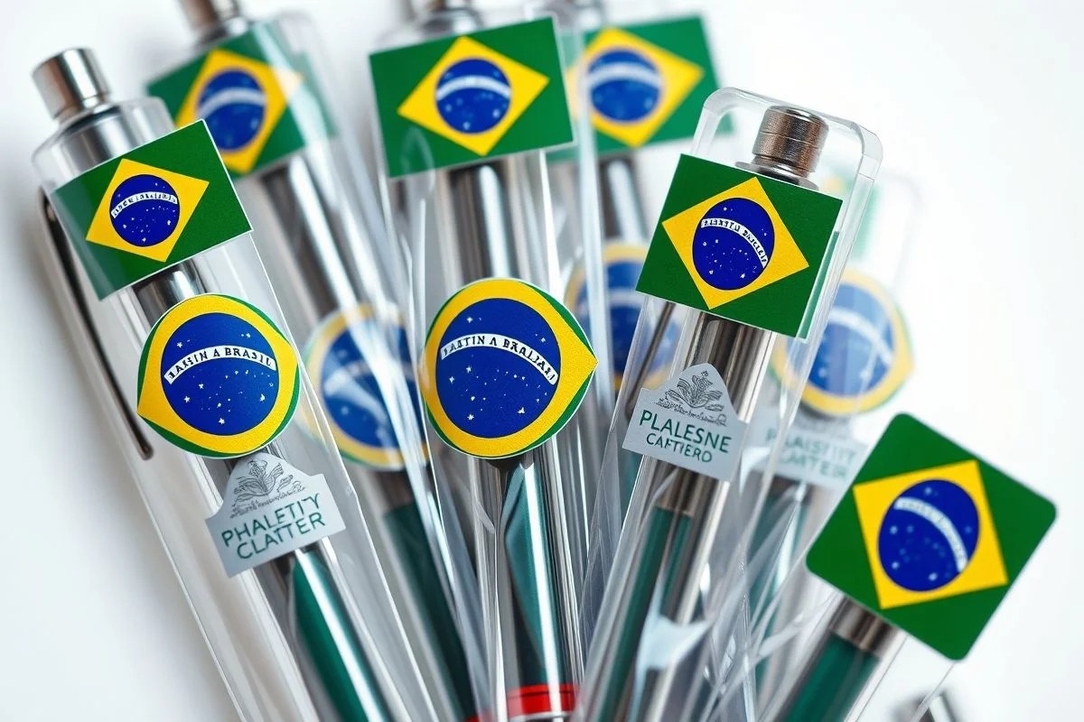 Canetas personalizadas com tema do Brasil, lembrancinha útil e prática.