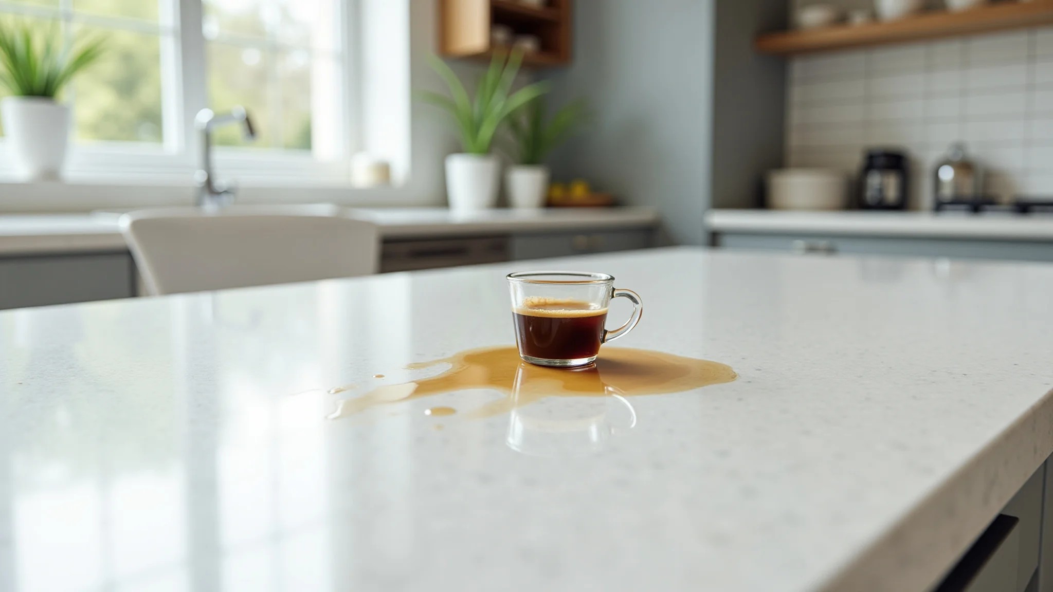 Detalhe de bancada de quartzo com café derramado, fácil de limpar.