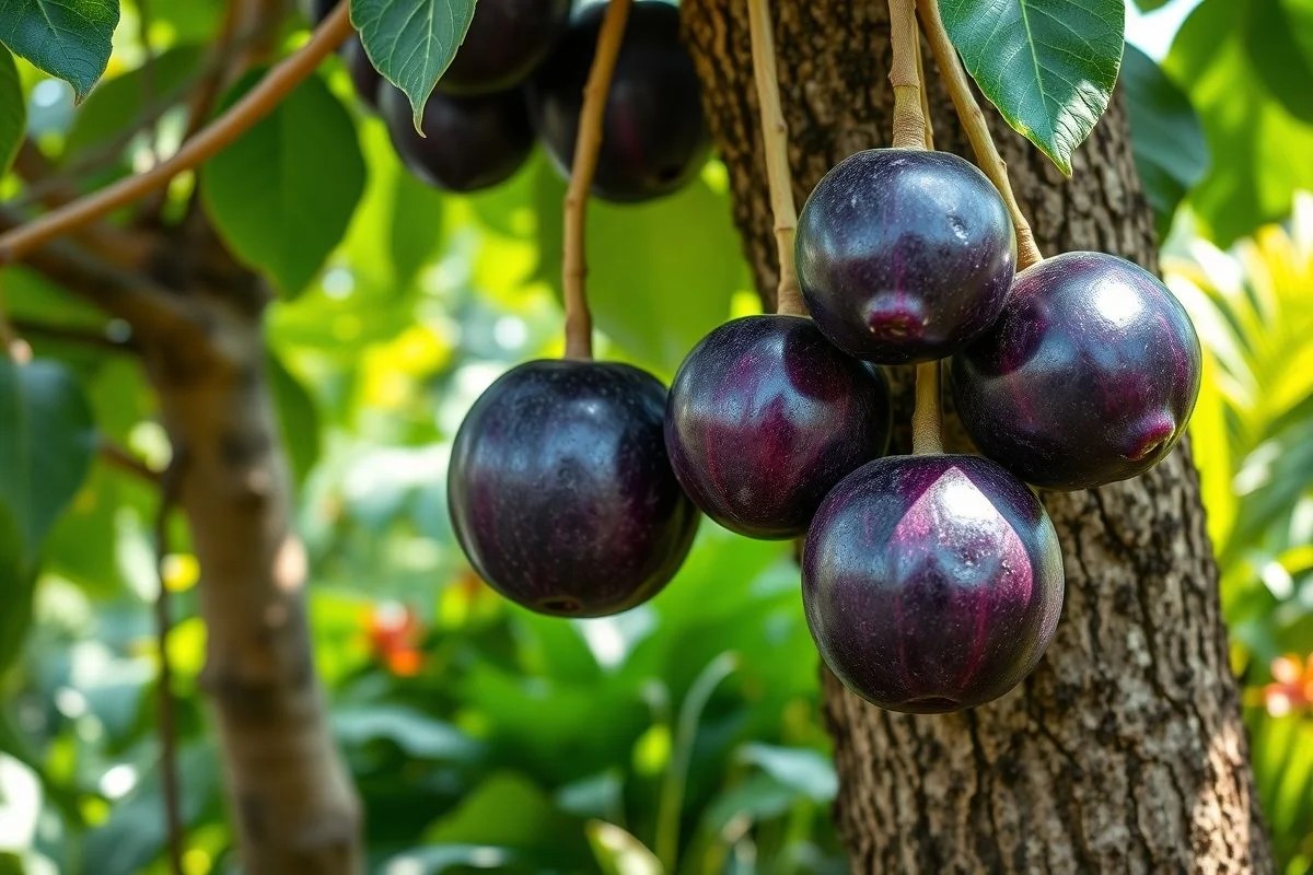 Jabuticabas maduras crescendo no tronco de uma árvore em jardim brasileiro