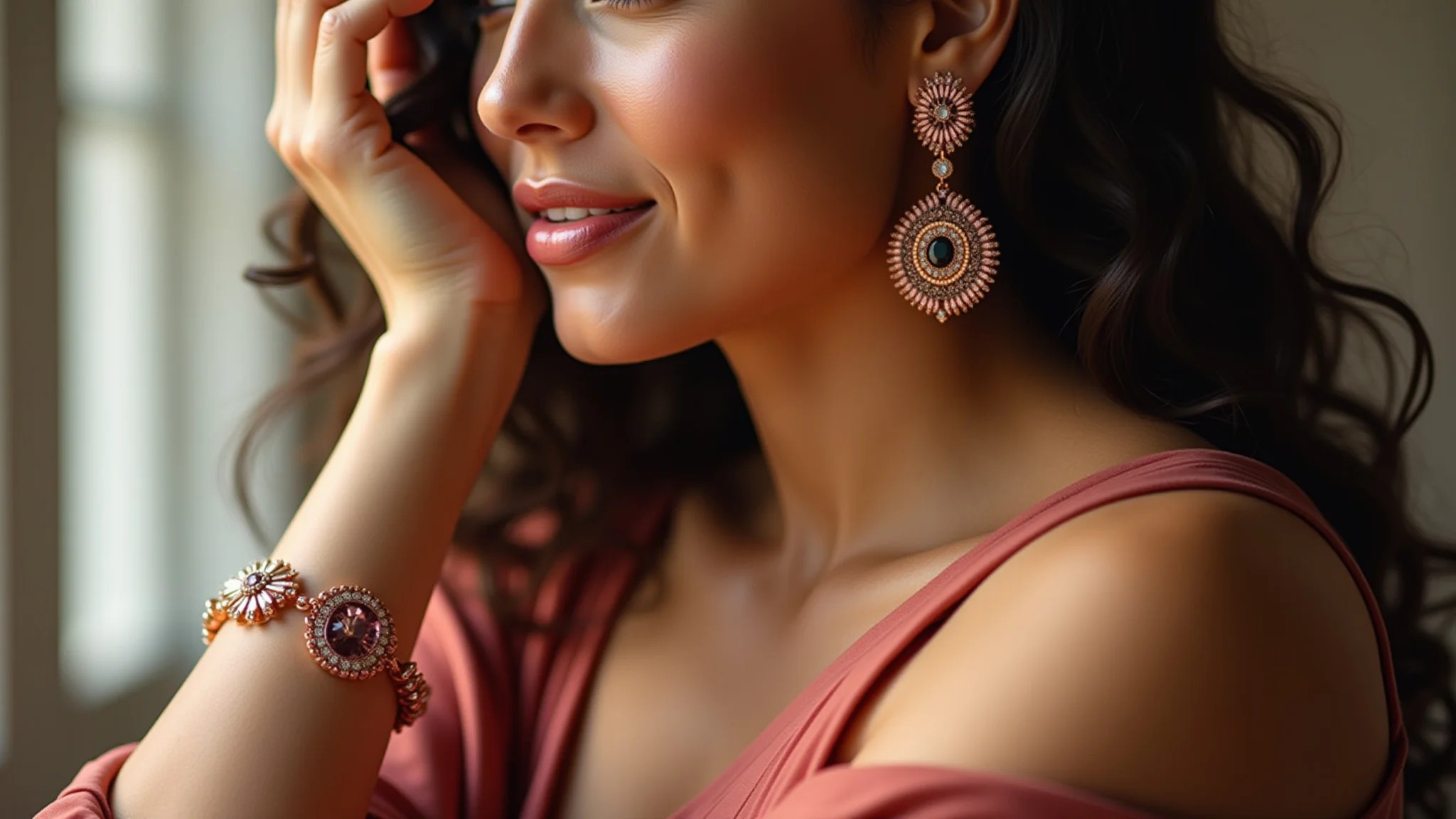 Detalhe de joias em rose gold complementando um vestido marsala.