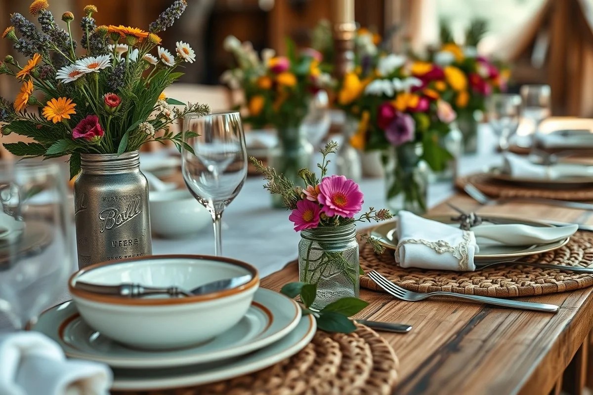 Detalhe da mesa de casamento rústico no Brasil com flores do campo e louça vintage.