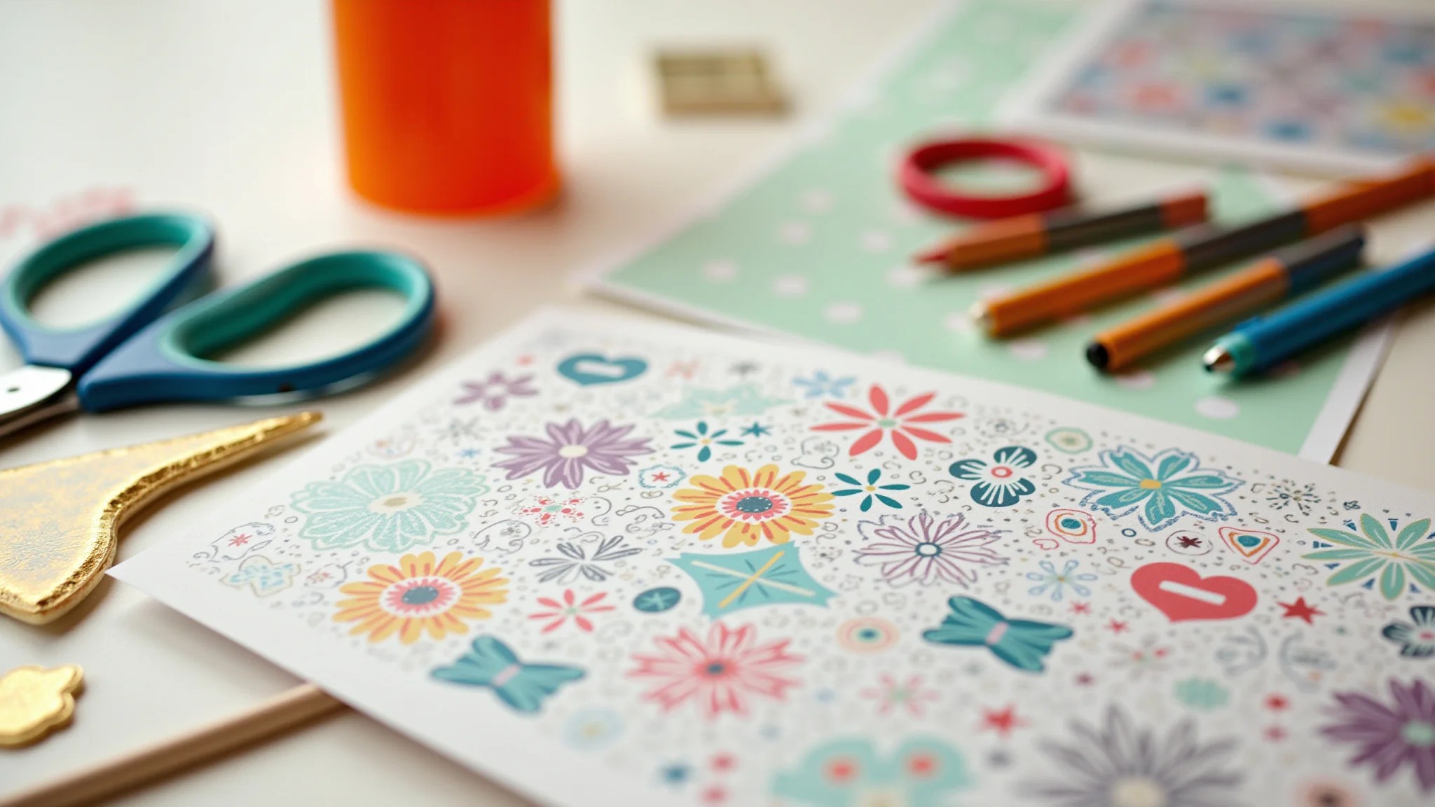Materiais de scrapbook: papéis, tesoura, cola, canetas e adesivos.