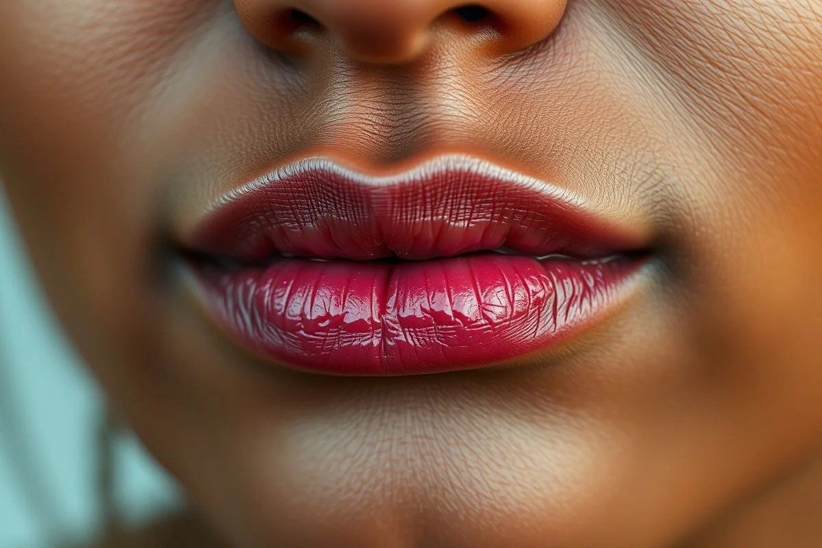 Lábios inchados e vermelhos, reação alérgica a batom. Dermatite de contato labial.