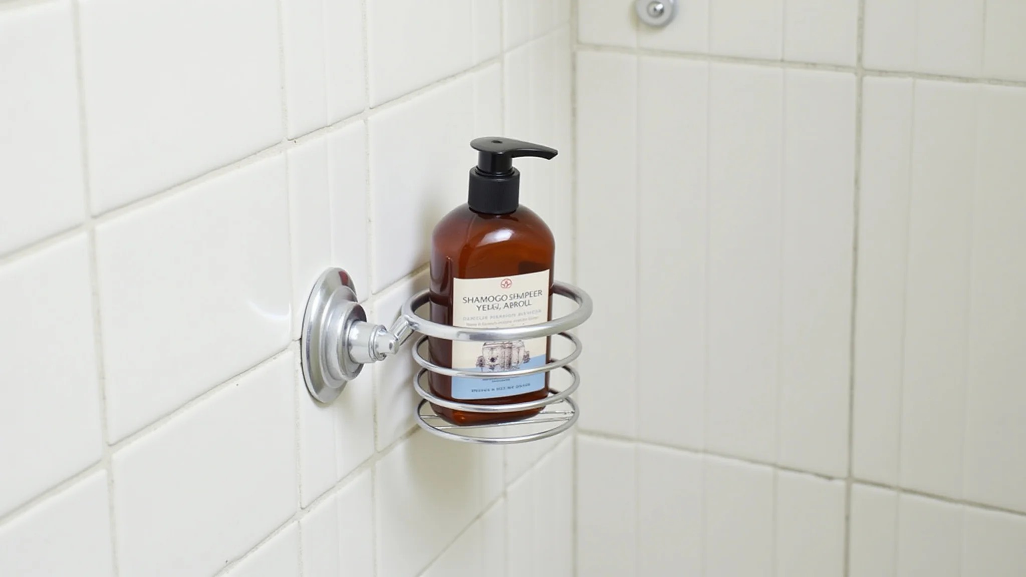 Detalhe de porta shampoo com ventosa fixada no azulejo, segurando shampoo.