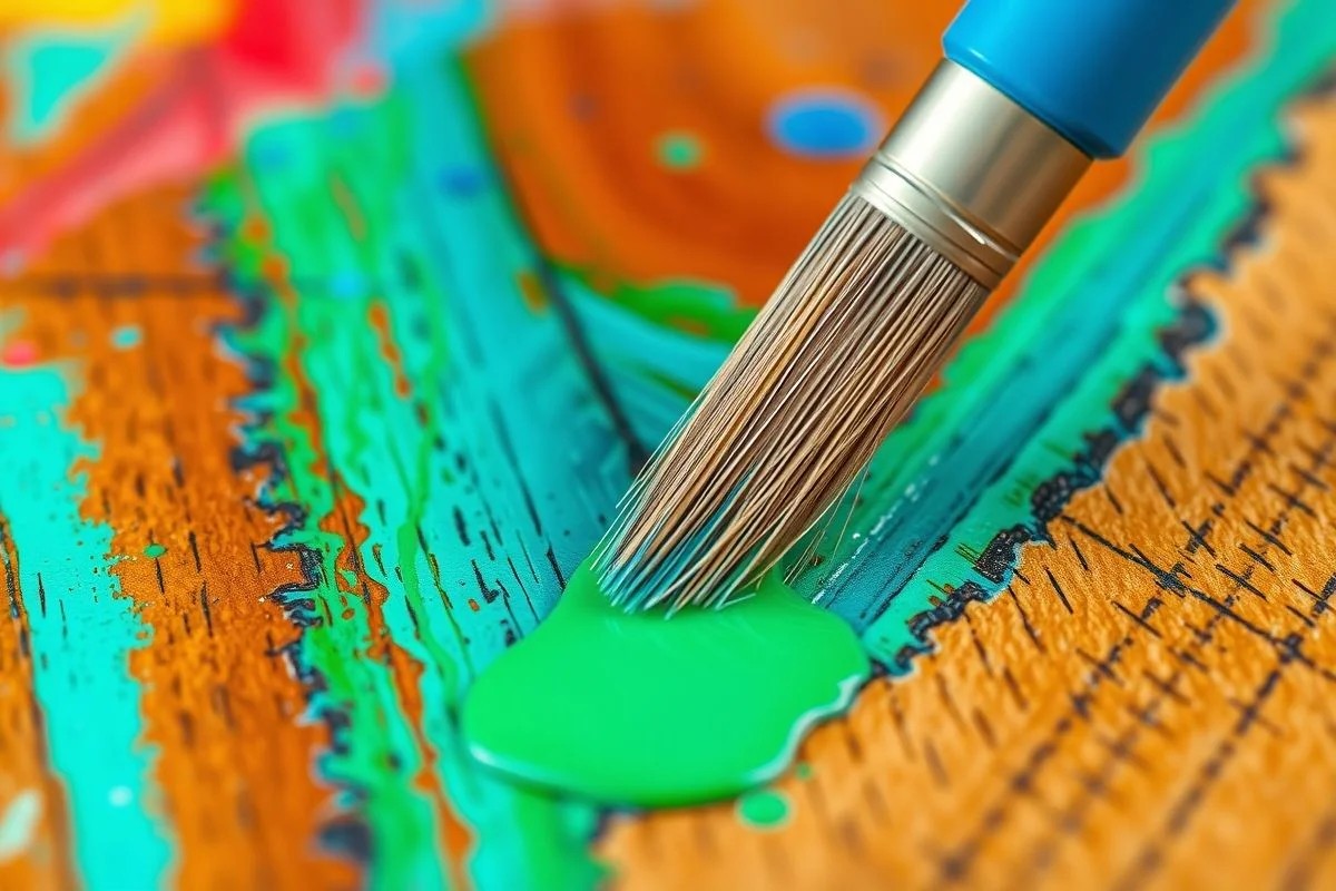 Pincel sintético aplicando tinta acrílica em madeira.
