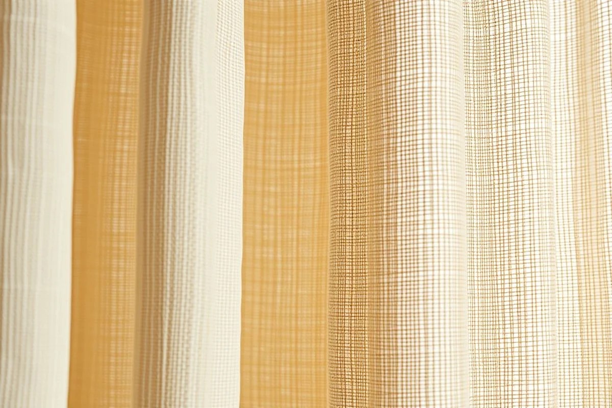 Detalhe de cortina de linho bege com textura elegante e iluminação suave.
