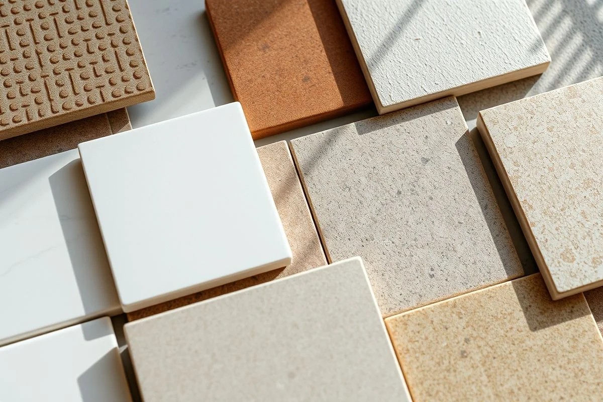 Amostras de revestimentos para banheiro: cerâmica, porcelanato, pedra.