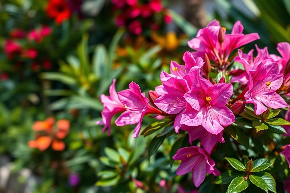 Arbusto de azaleia em plena floração, com cores vibrantes e textura detalhada.