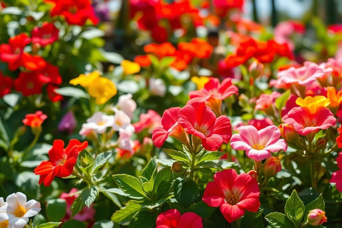 Gerânios, Begônias e Mini Rosas, jardim florido, cores vibrantes