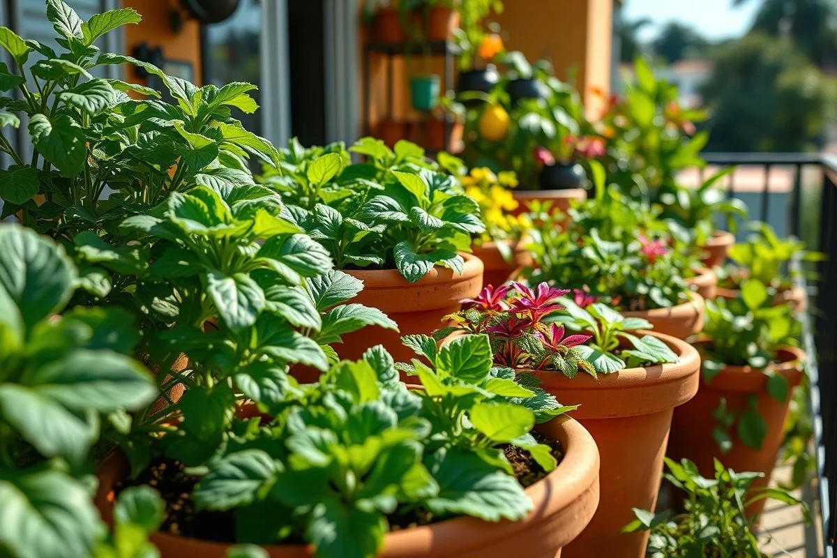 Horta urbana em vasos grandes, com vegetais exuberantes sob a luz do sol.