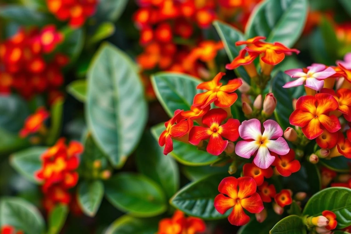 Flores vibrantes de Ixora em close-up, destacando as cores e a beleza tropical.