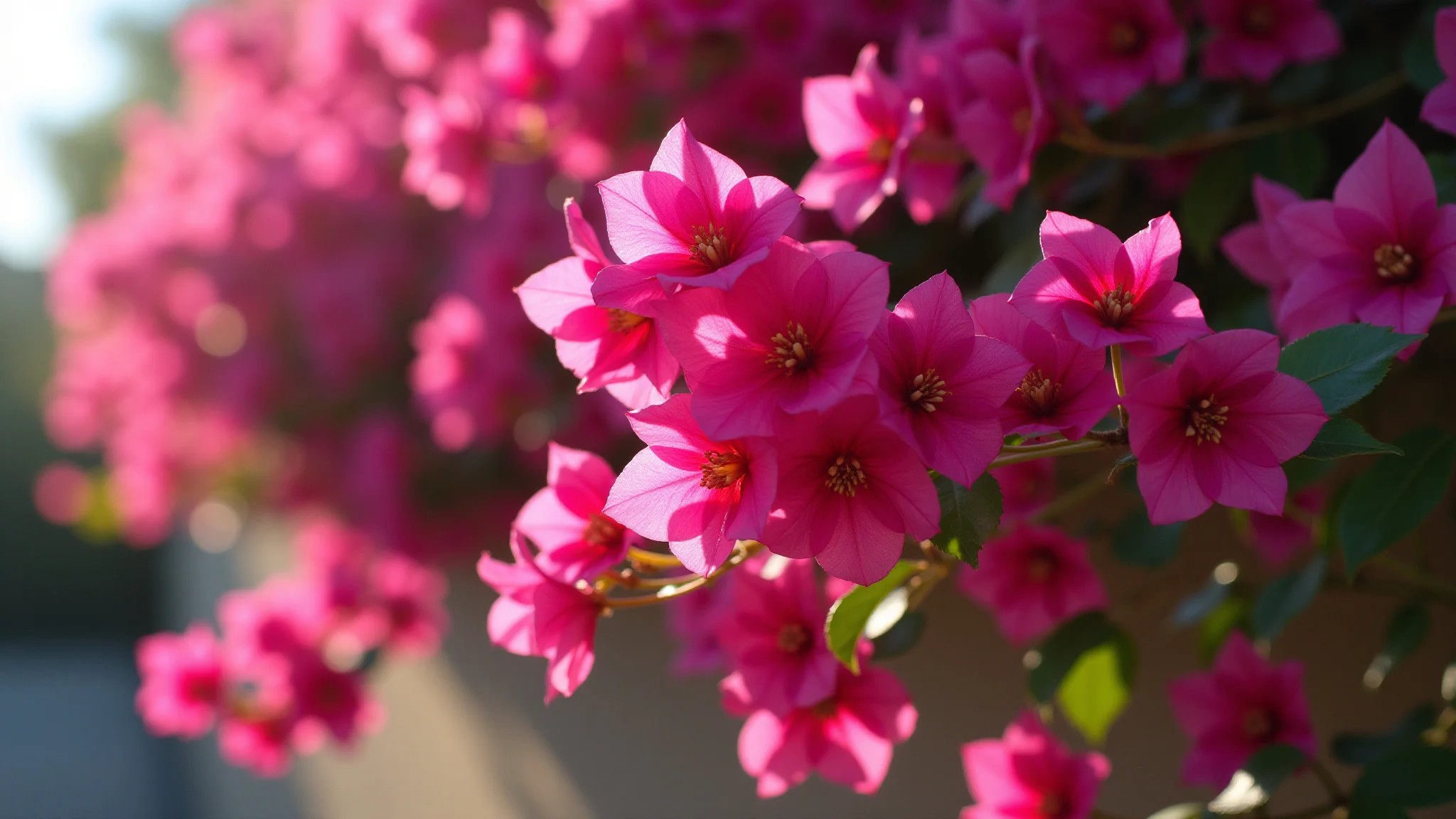 Close-up de flores vibrantes de Bougainvillea rosa caindo sobre uma parede ensolarada.