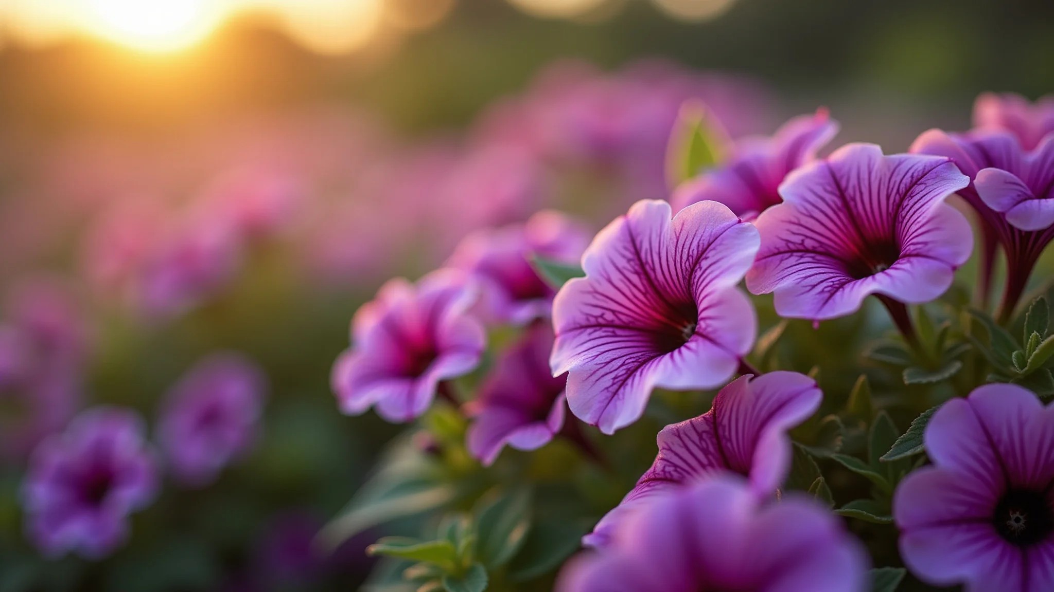 Petúnias roxas vibrantes em um jardim brasileiro, luz suave do entardecer.