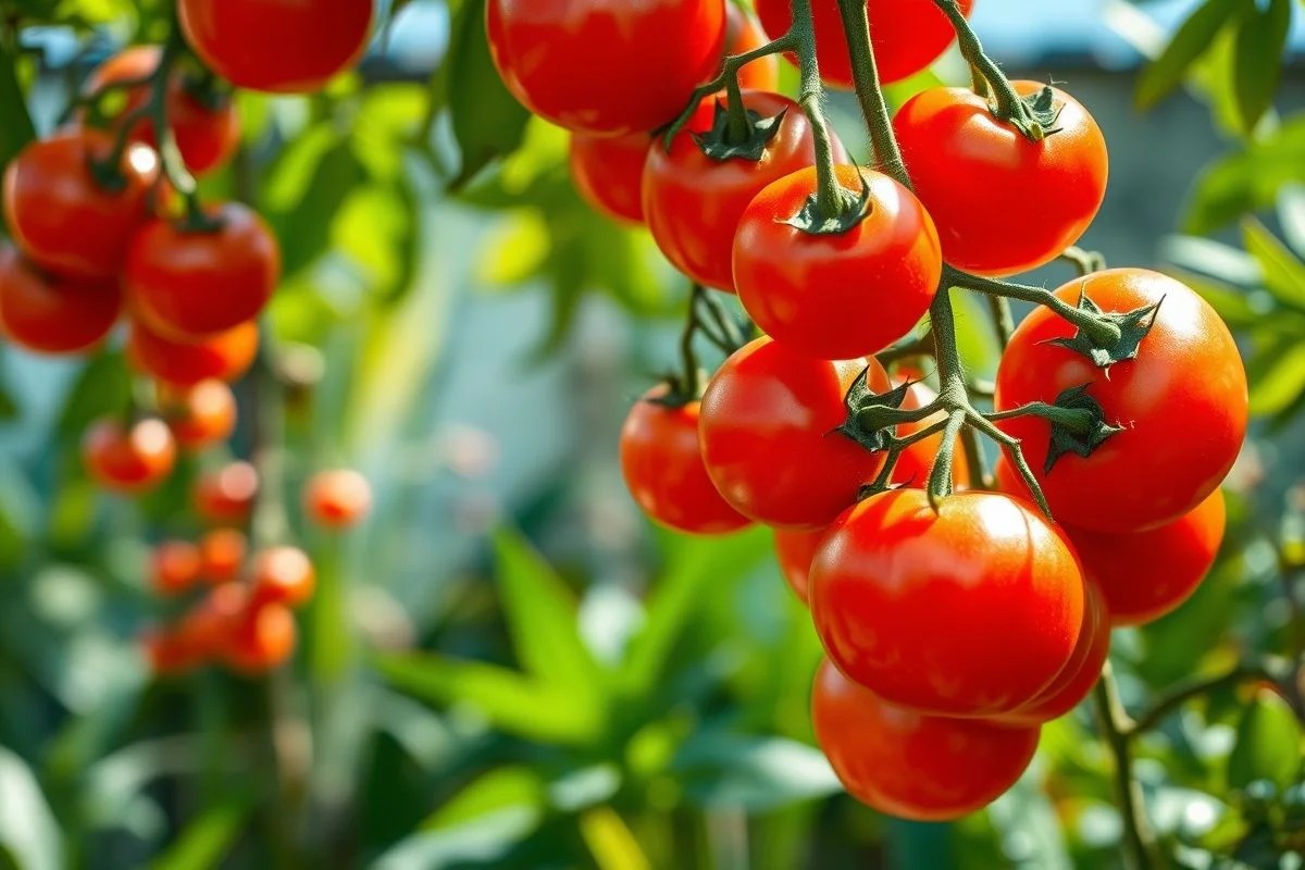 Tomates vermelhos maduros em videira, horta caseira brasileira.