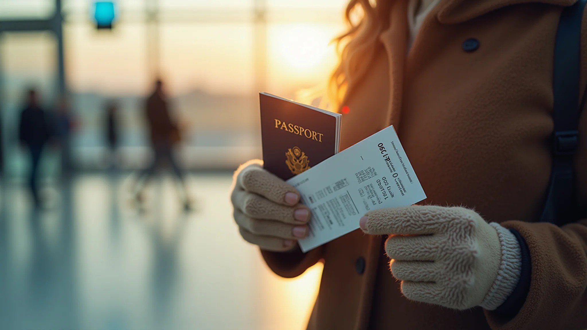 Mãos com passaporte e passagem, luvas de inverno, luz suave em aeroporto.