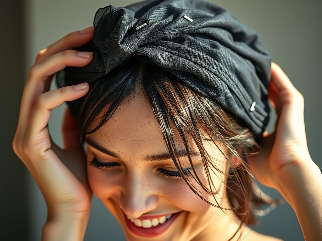 Mulher sorrindo aplicando uma touca de nero de tecido fino no cabelo molhado.