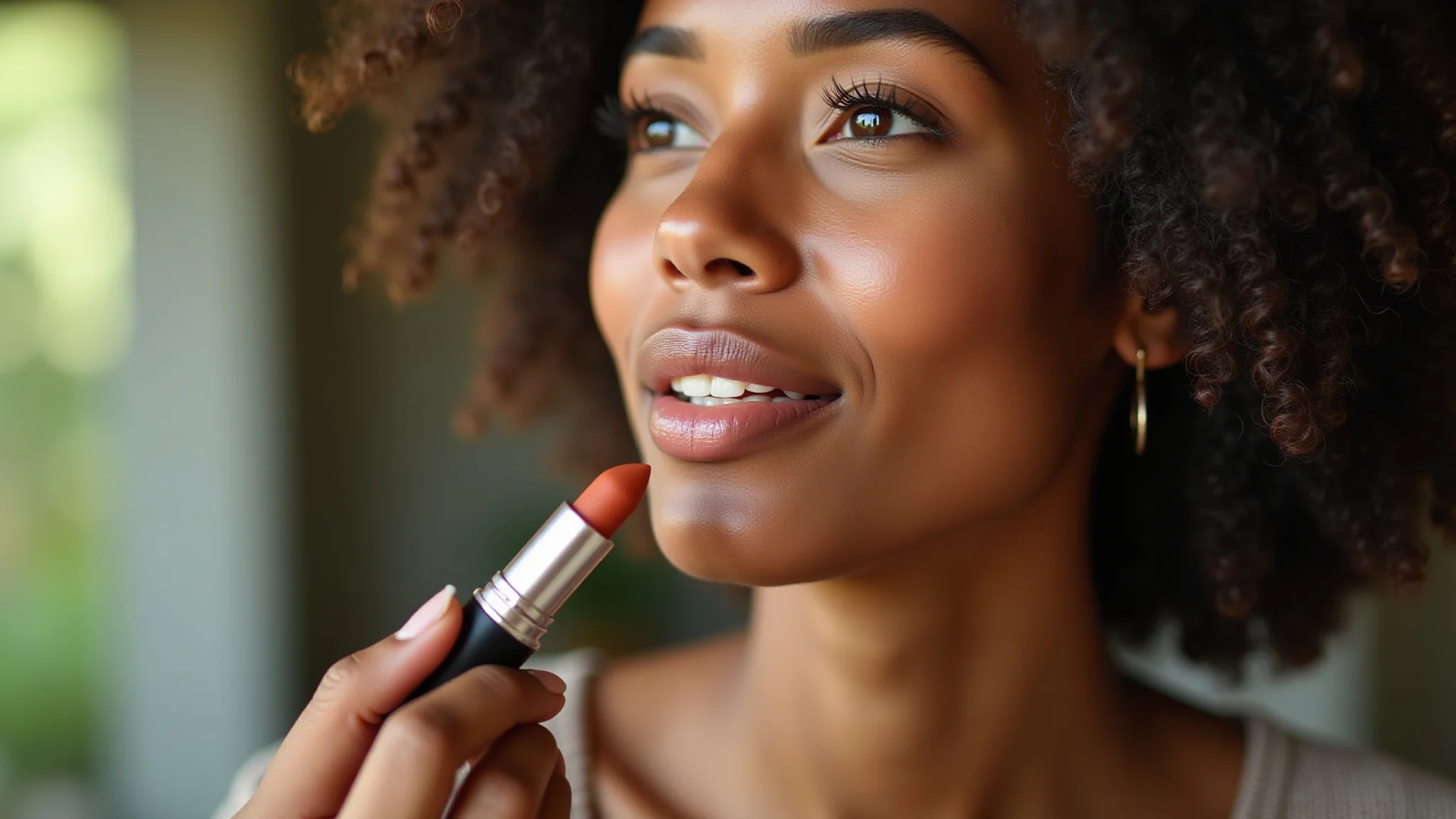Mulher morena aplicando batom nude tom caramelo, maquiagem suave, luz natural.