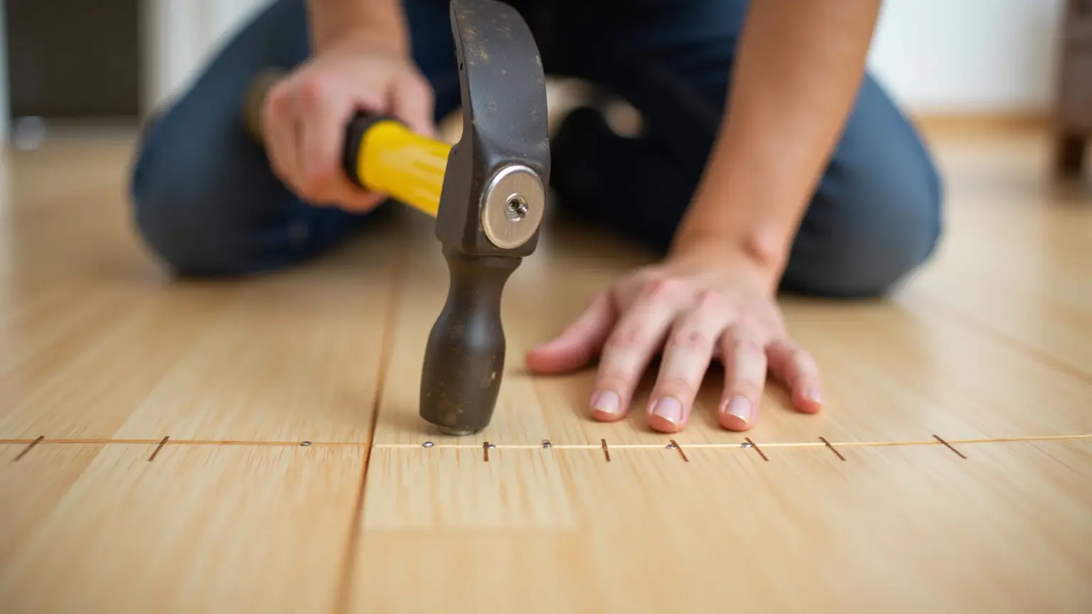 Instalando assoalho de madeira com pregos corretos. Foco nas mãos, prego e martelo.