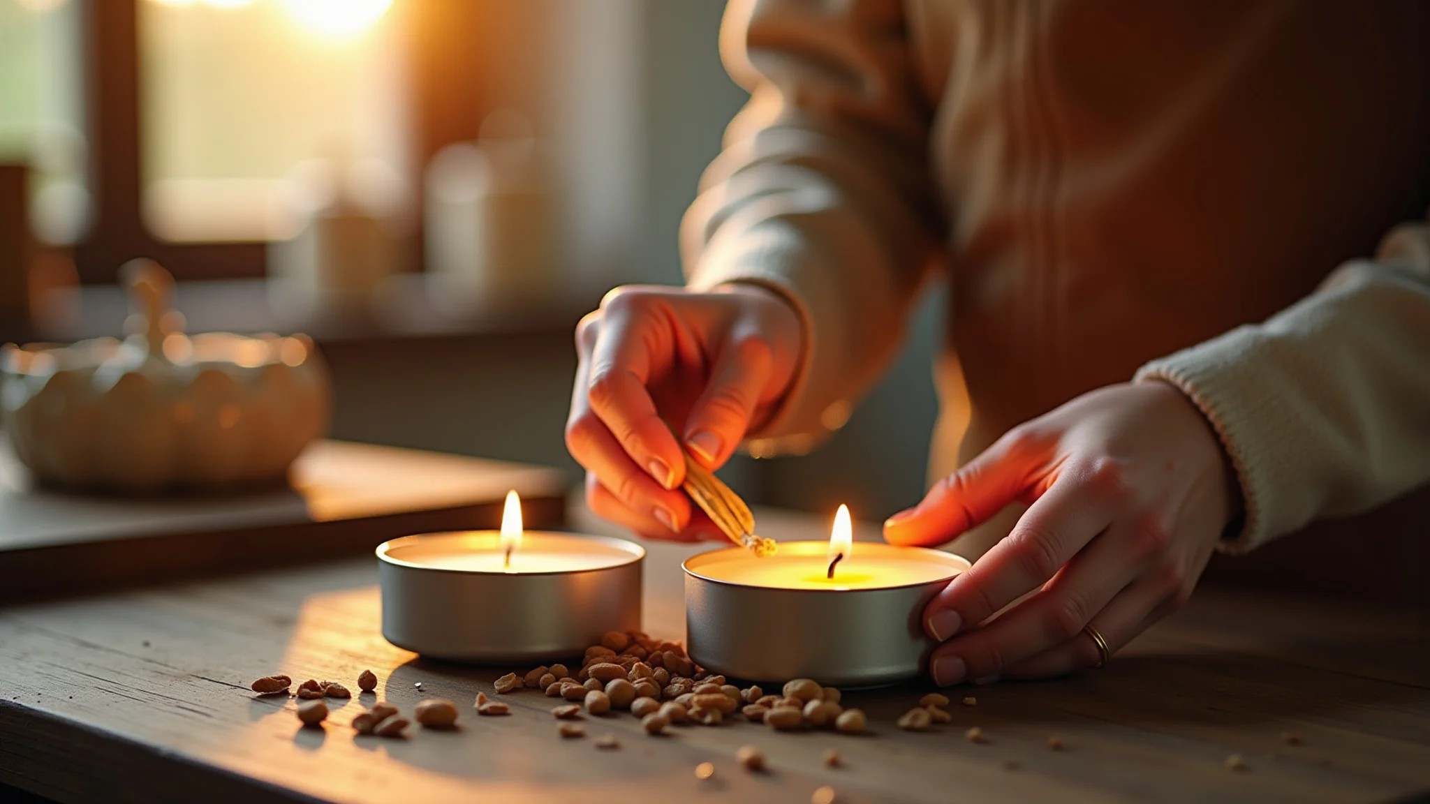 Mãos artesãs criando velas aromáticas com ingredientes naturais.