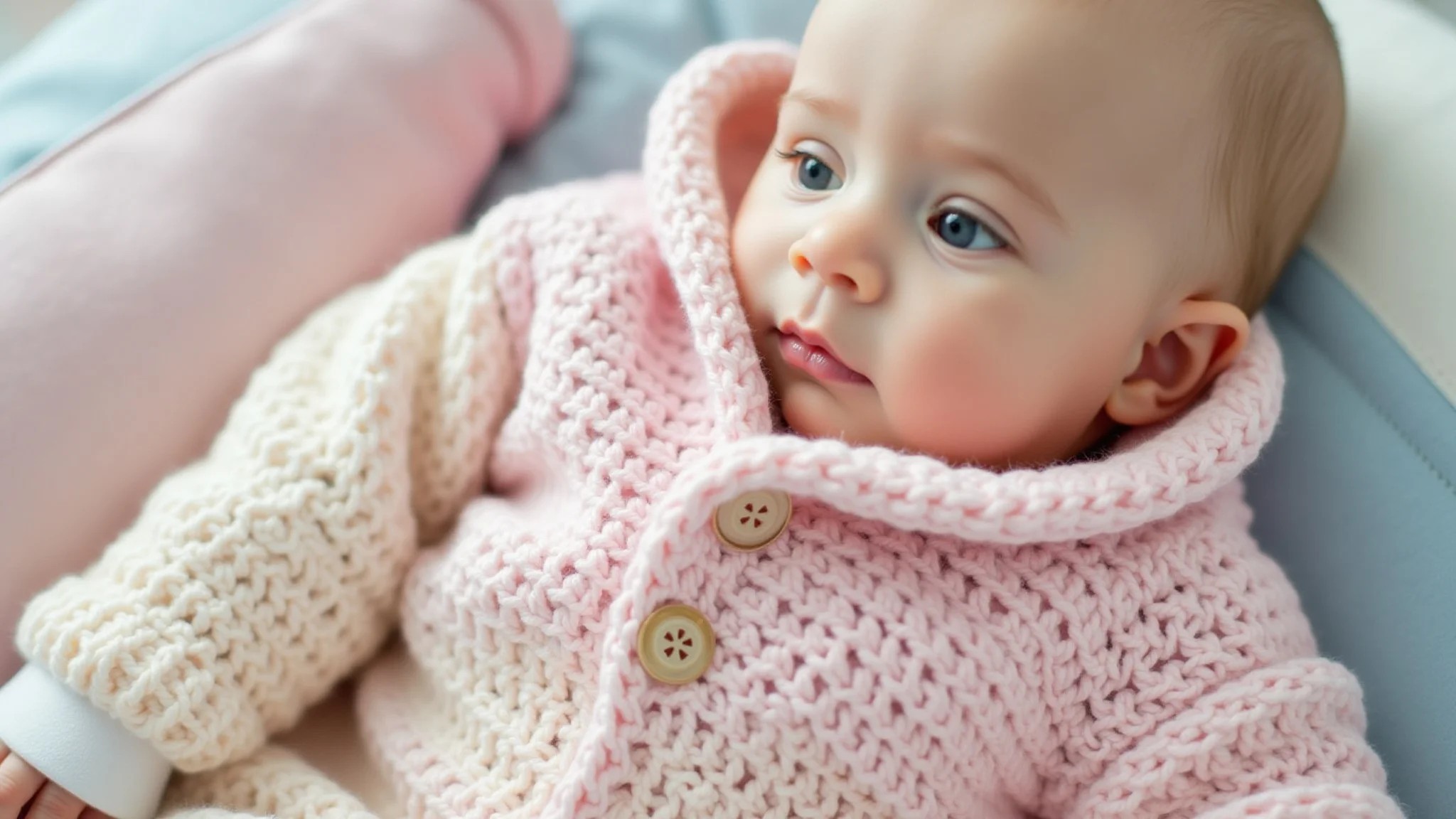 Casaco de crochê para bebê com botões, lã macia e cores pastel.