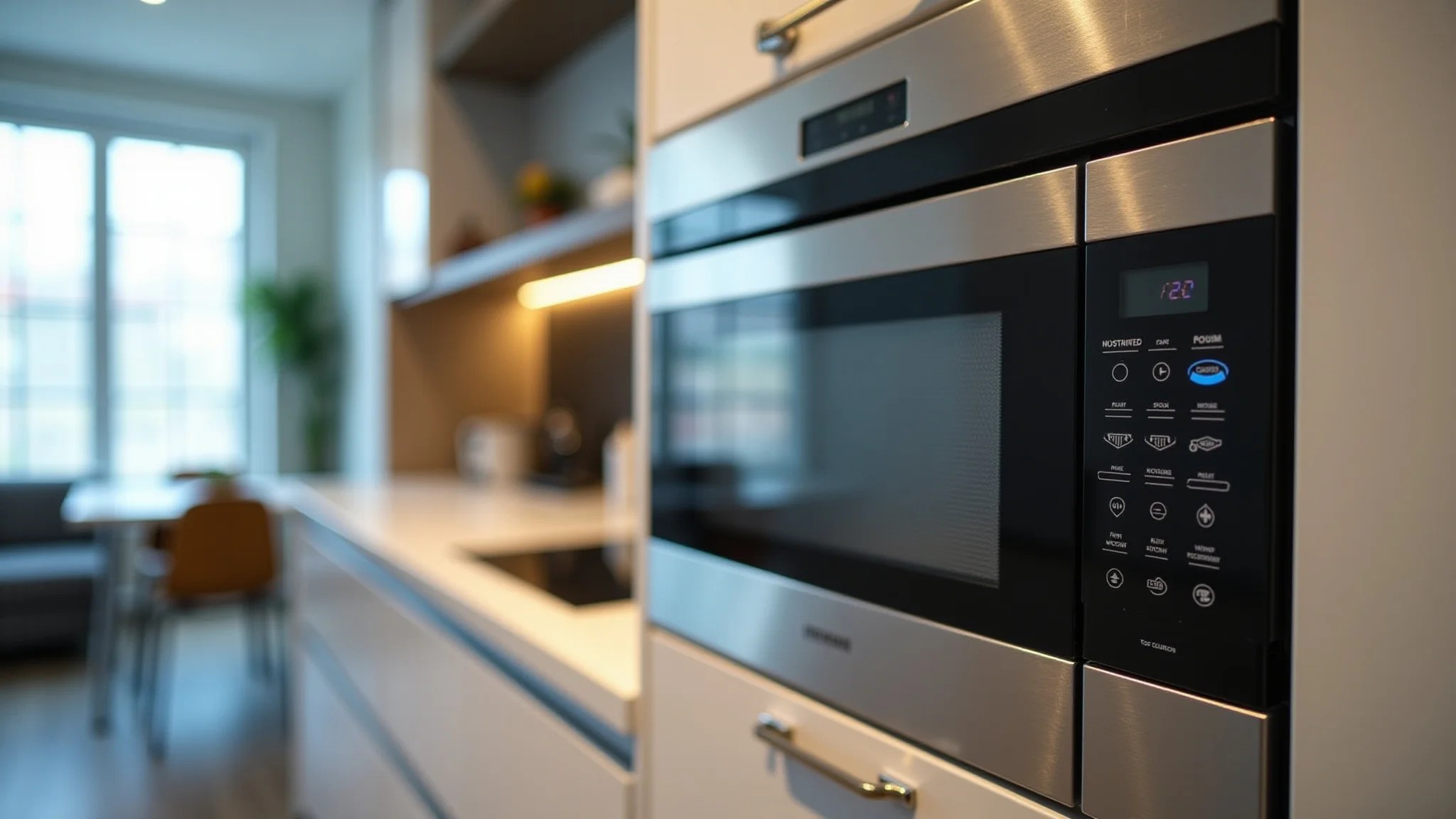 Detalhe de um micro-ondas de embutir com acabamento espelhado em uma cozinha moderna.