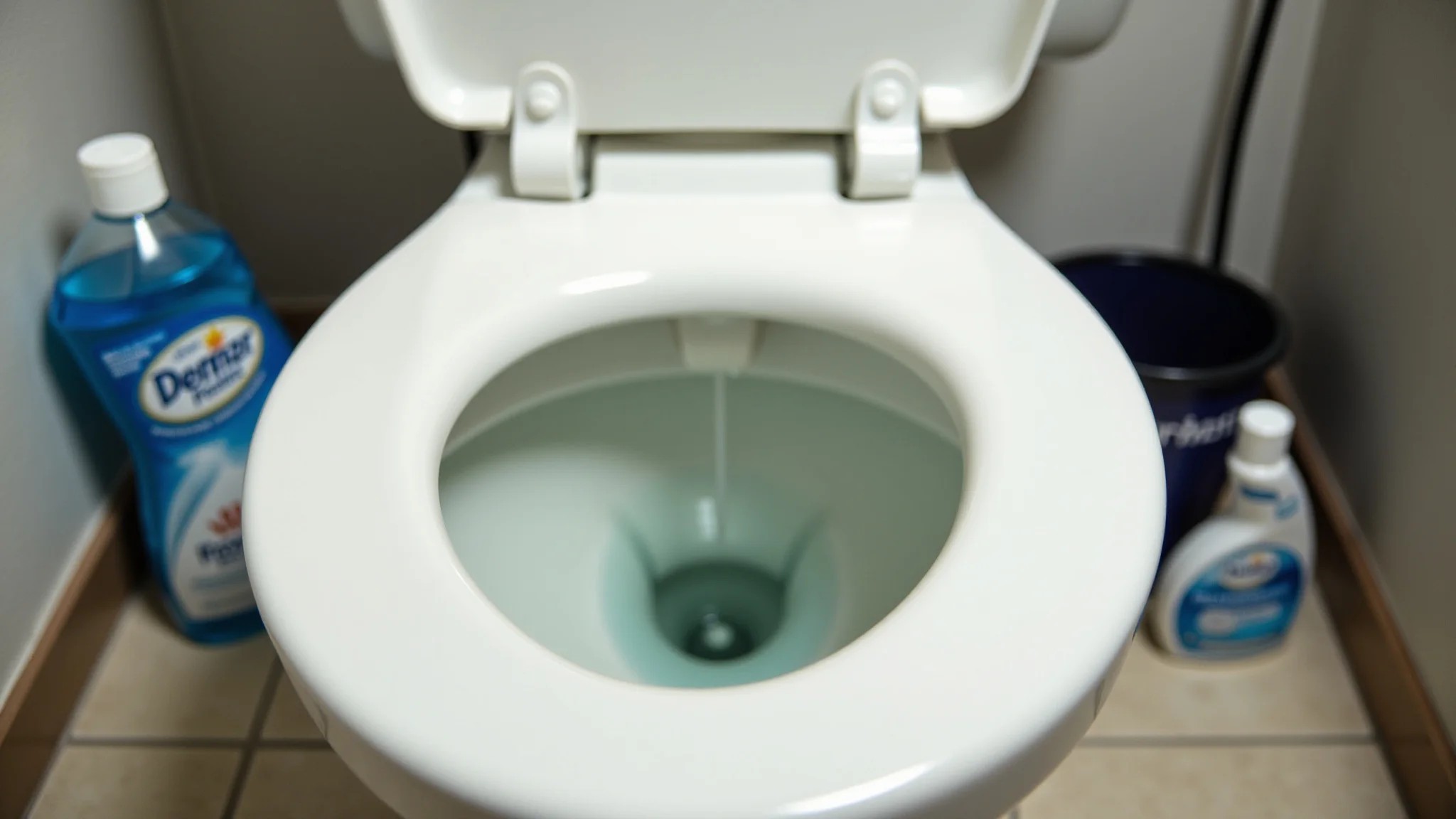 Vaso sanitário entupido com água subindo, cercado por produtos de limpeza.