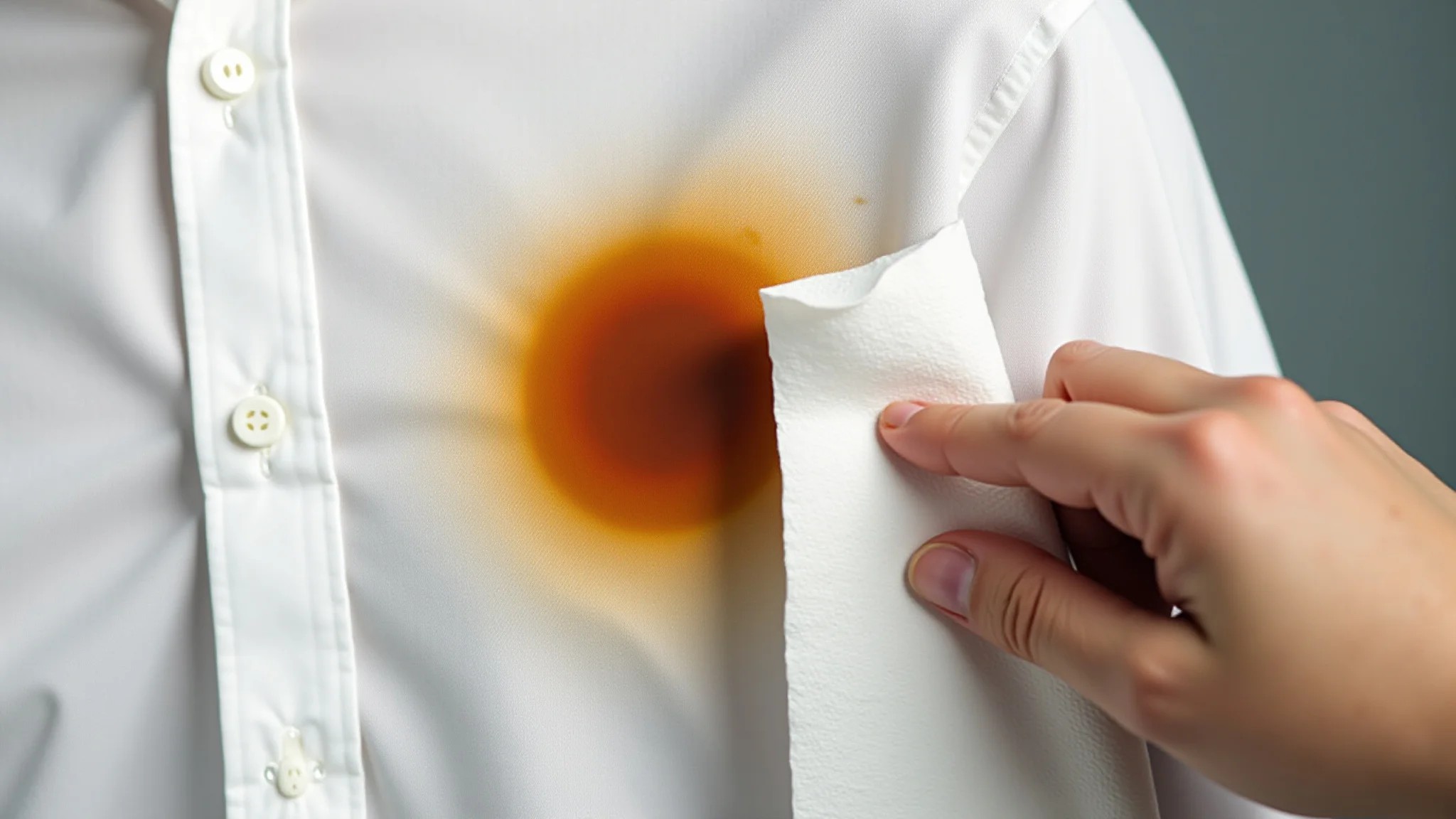 Mancha de café em camisa branca sendo removida com papel toalha.