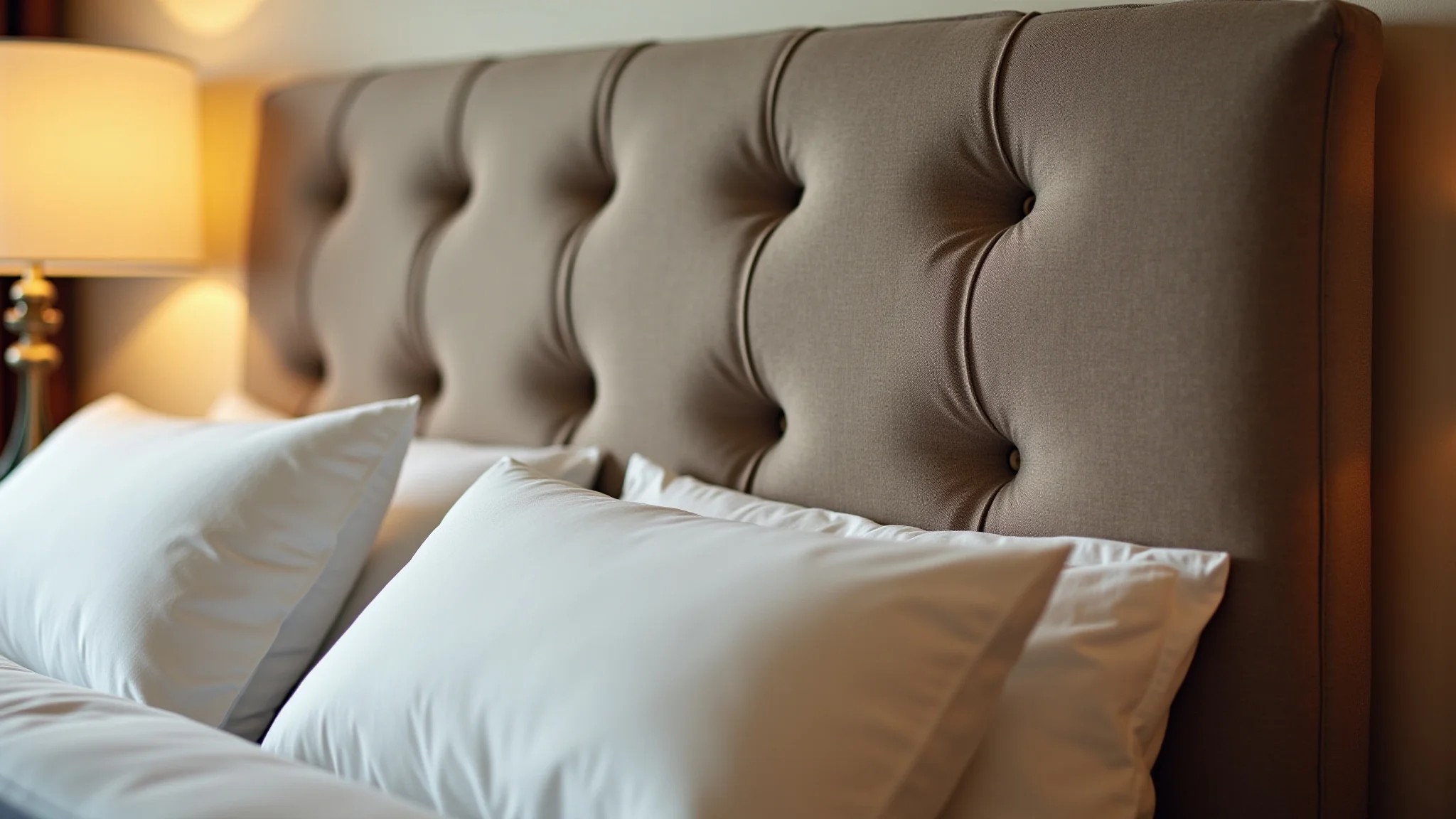 Detalhe de uma cabeceira de cama box estofada e elegante em quarto aconchegante.