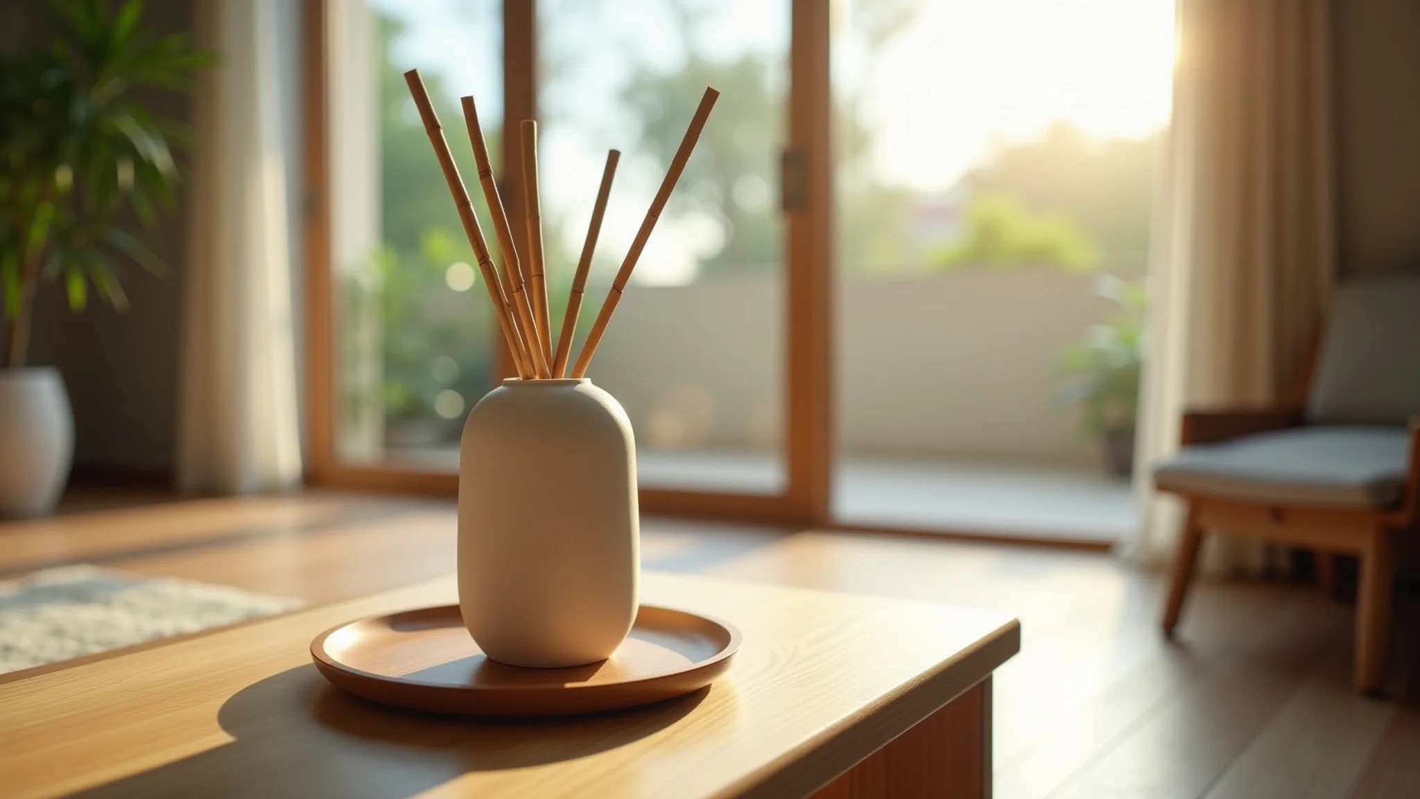 Difusor de varetas com aroma de bambu em casa brasileira iluminada e aconchegante.
