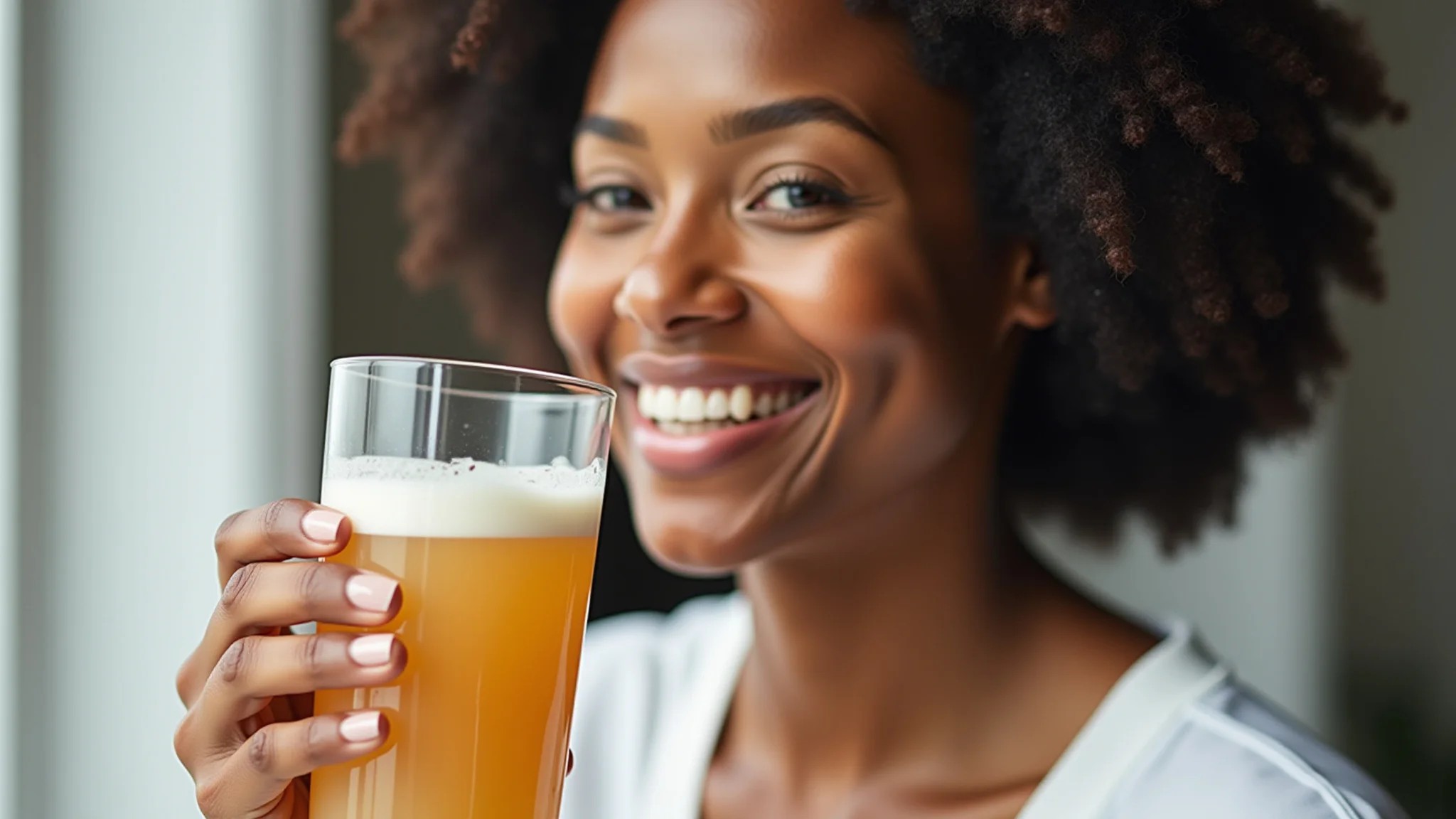 Mulher sorrindo com pele radiante, segurando bebida de colágeno.