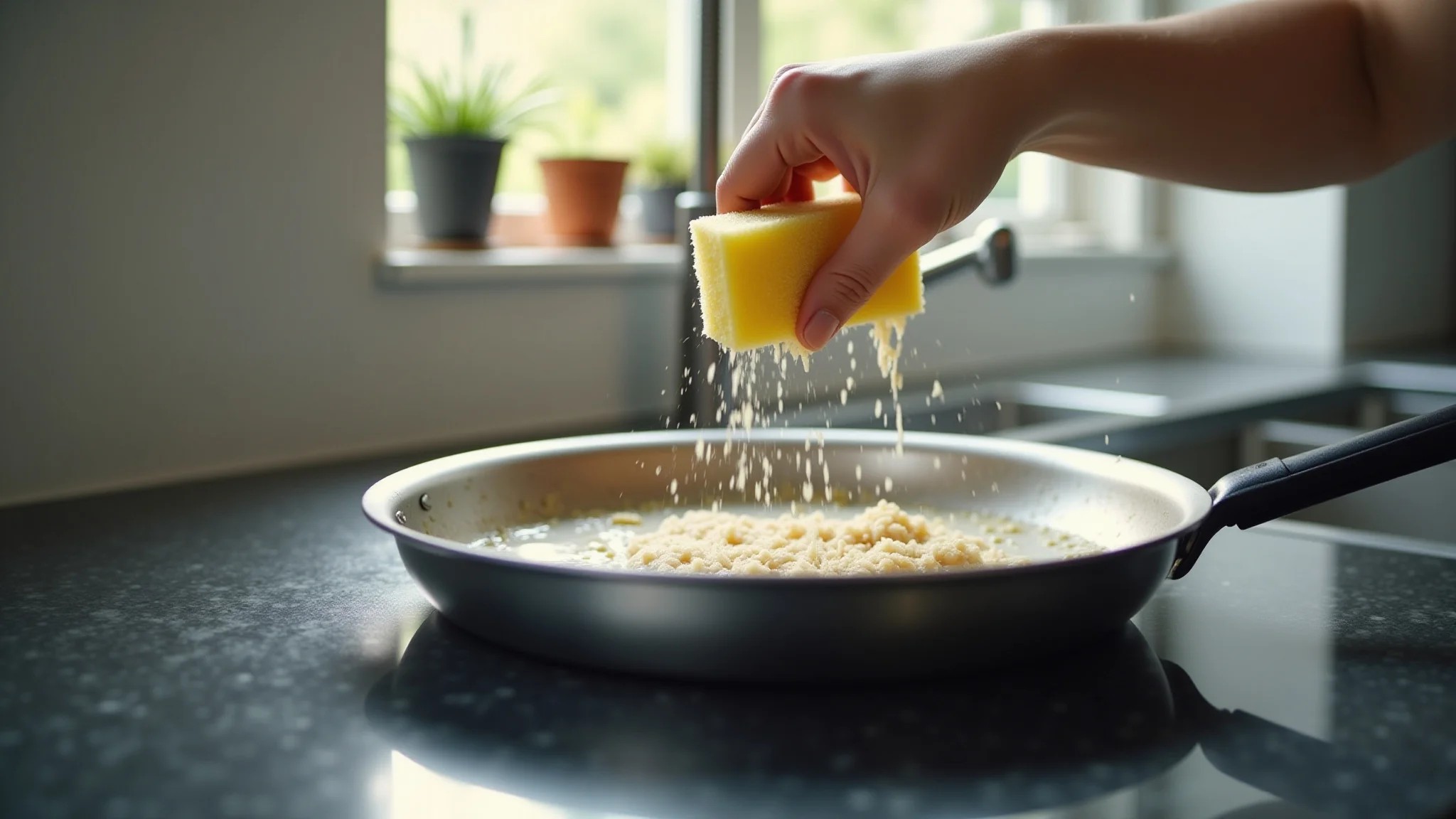 Mão usando esponja abrasiva para limpar panela de inox suja na cozinha.