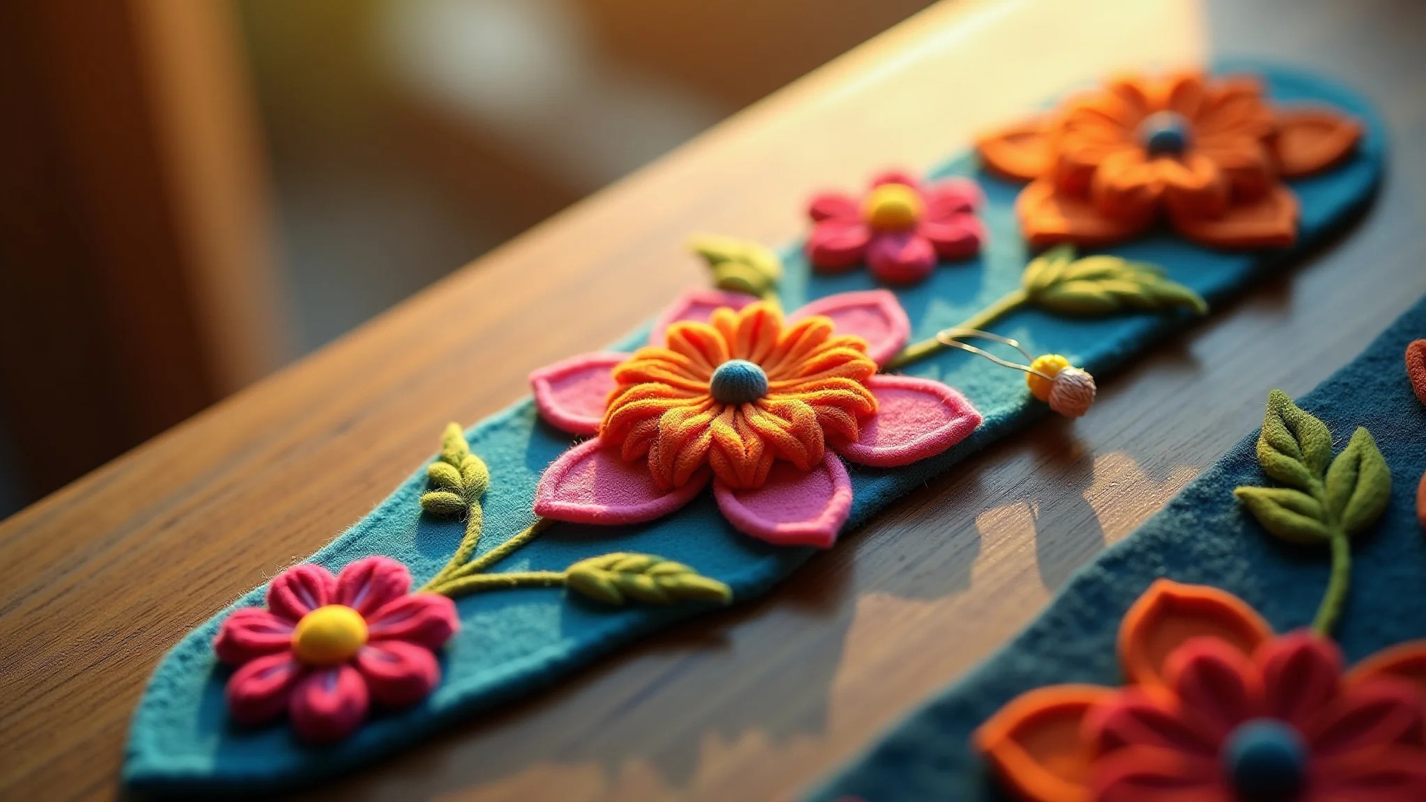 Marca página artesanal de feltro colorido com flores bordadas.