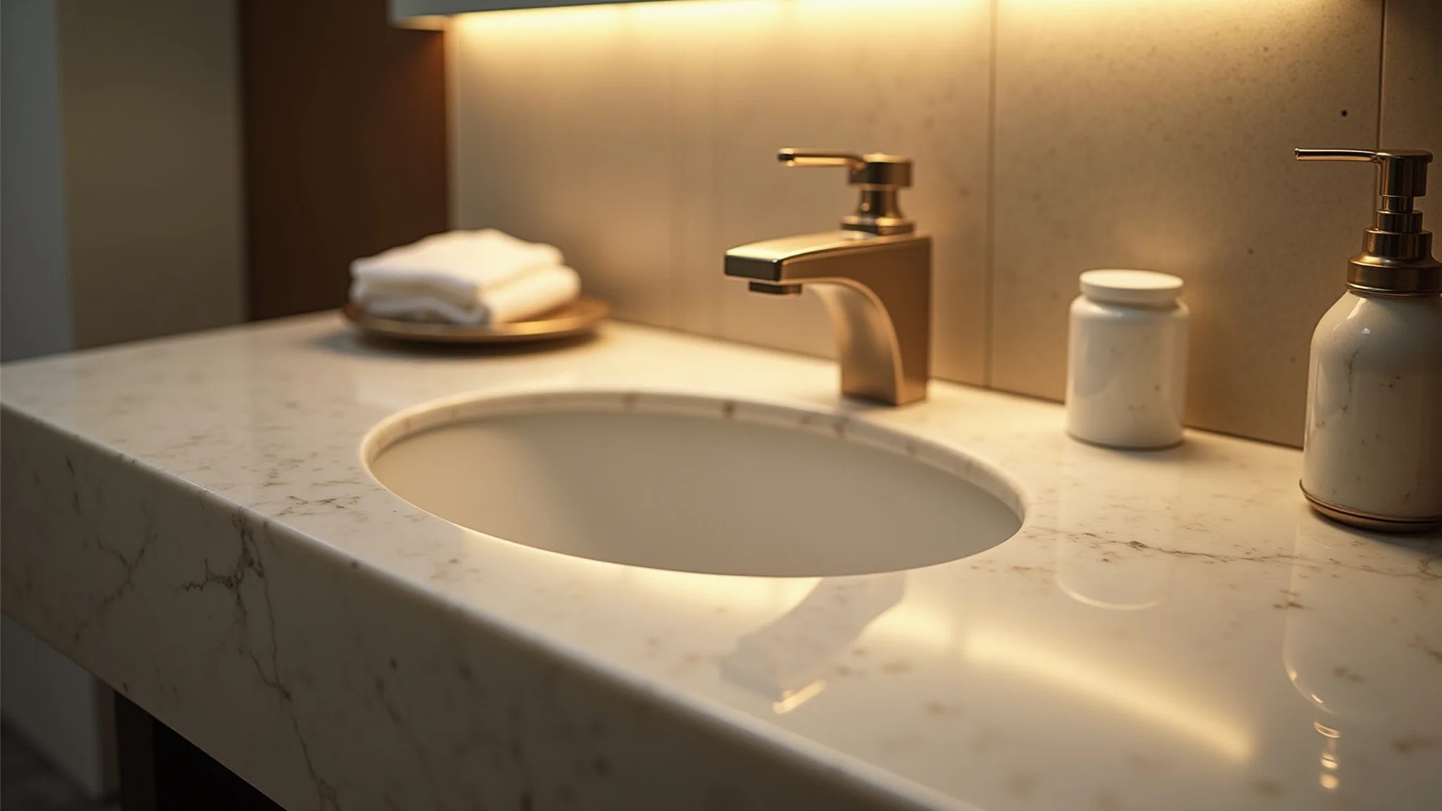 Detalhe sofisticado de filete de mármore em banheiro de luxo com iluminação suave.