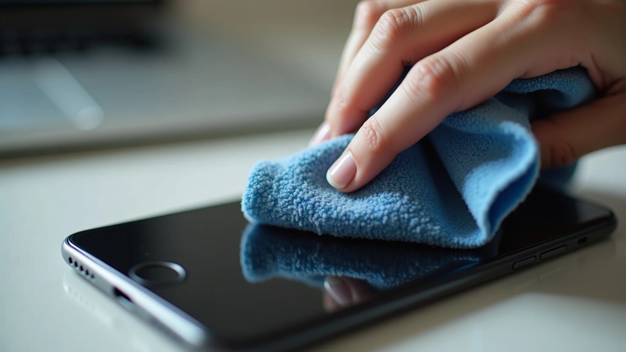 Flanela de microfibra limpando a tela de um smartphone, removendo poeira e marcas de dedo.