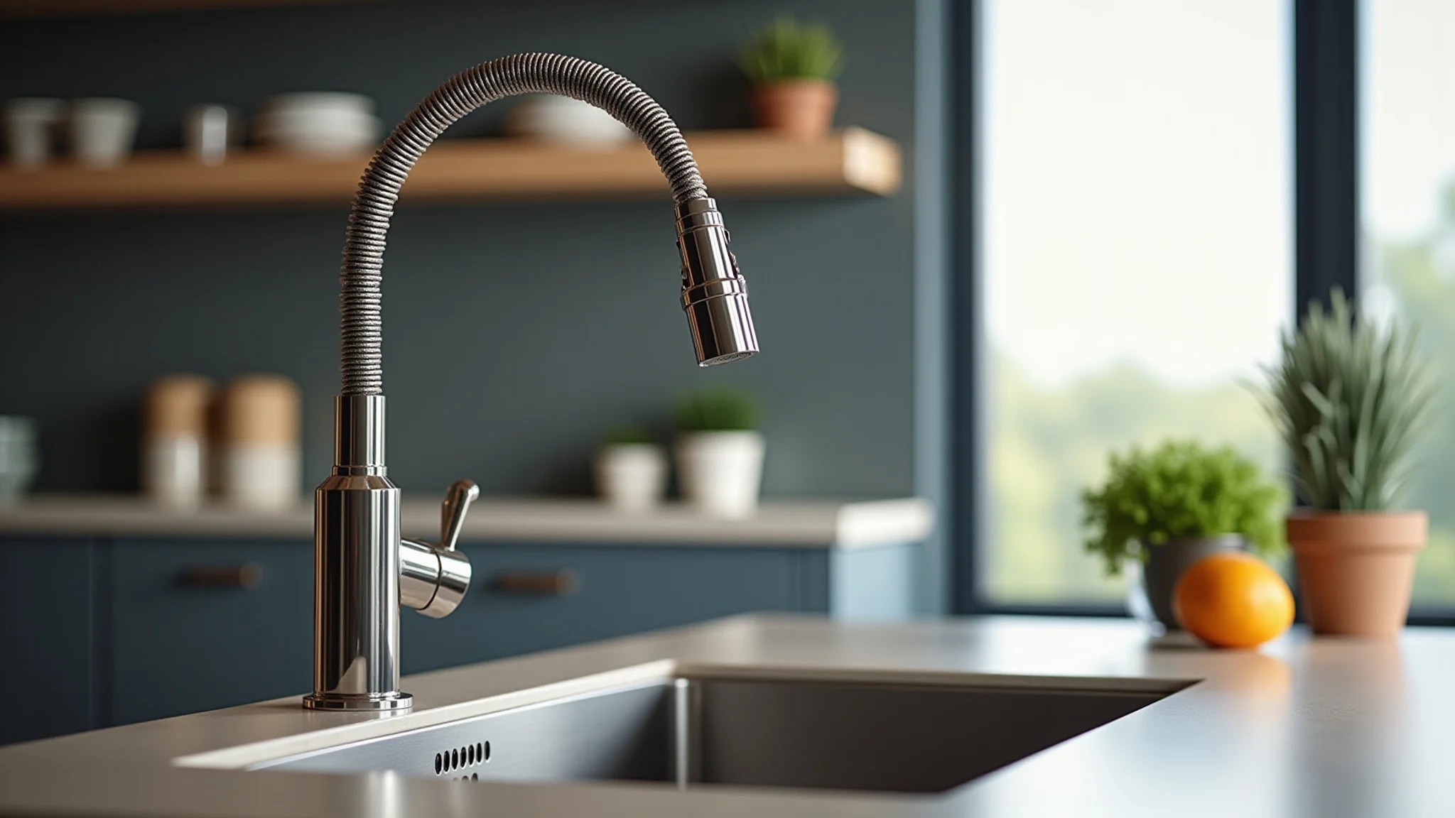Torneira gourmet moderna com mangueira flexível em cozinha brasileira bem iluminada.