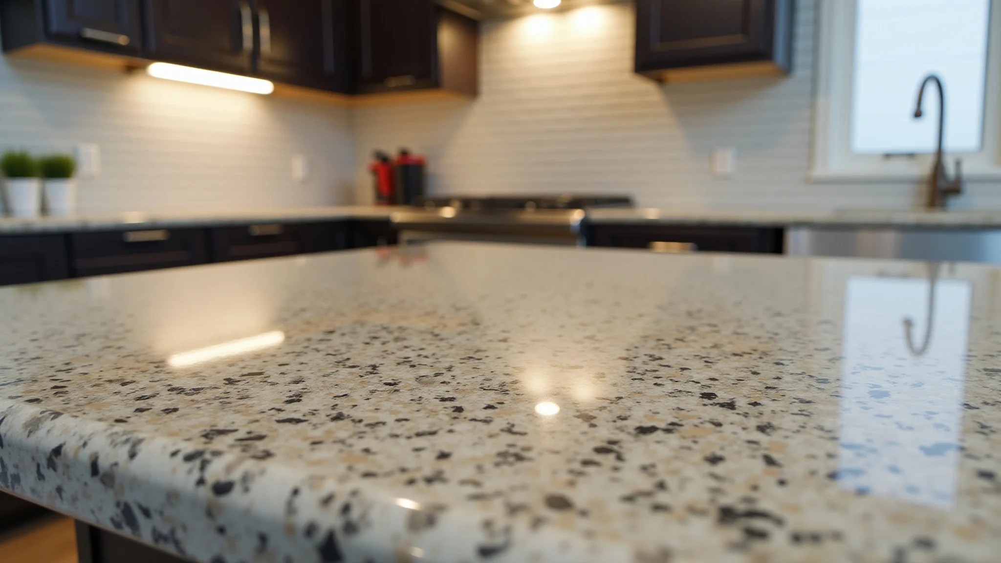 Bancada de granito elegante em cozinha moderna, com foco na textura e cor.