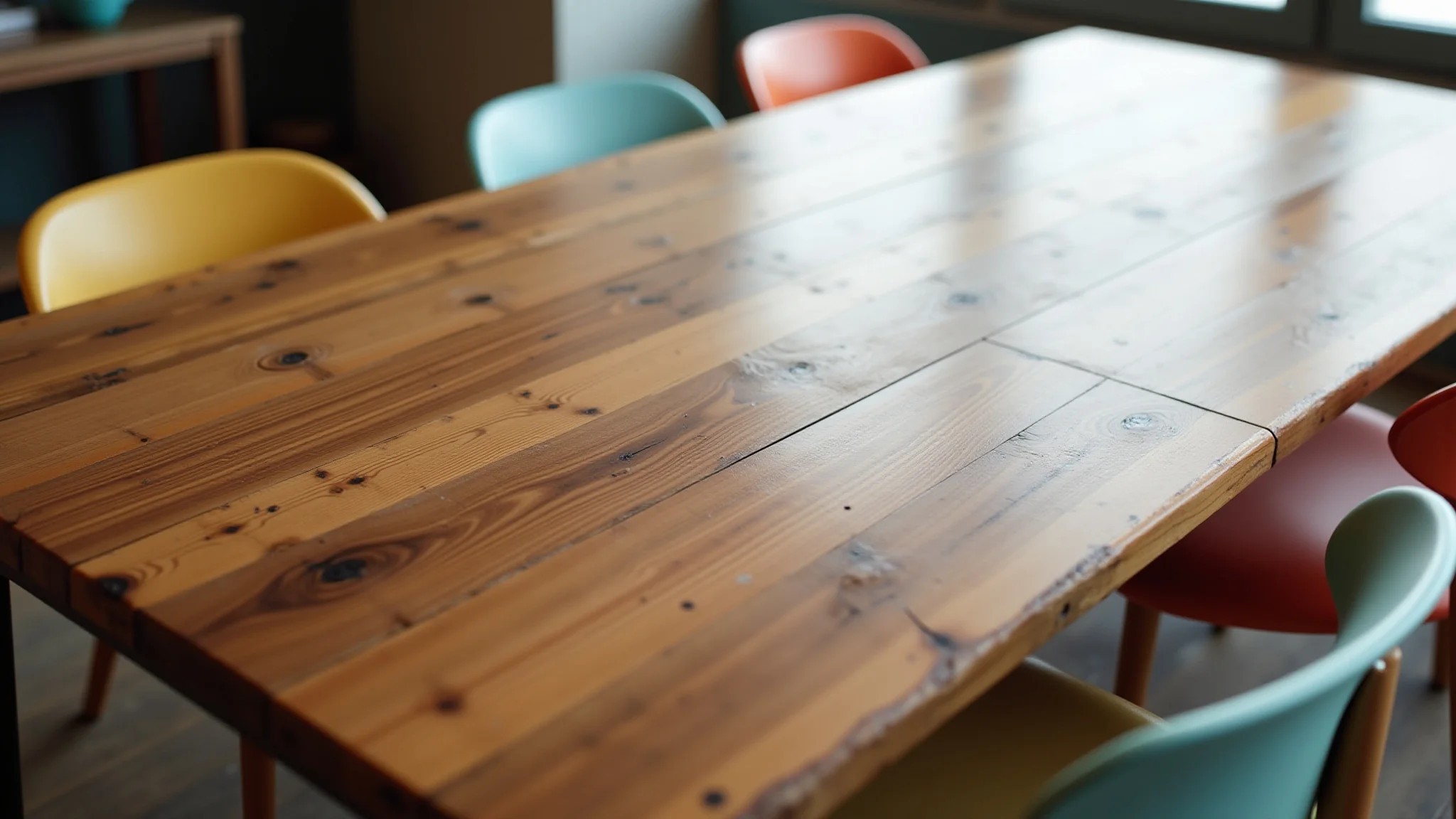 Mesa de jantar rústica feita de madeira de demolição, com grãos e imperfeições visíveis.