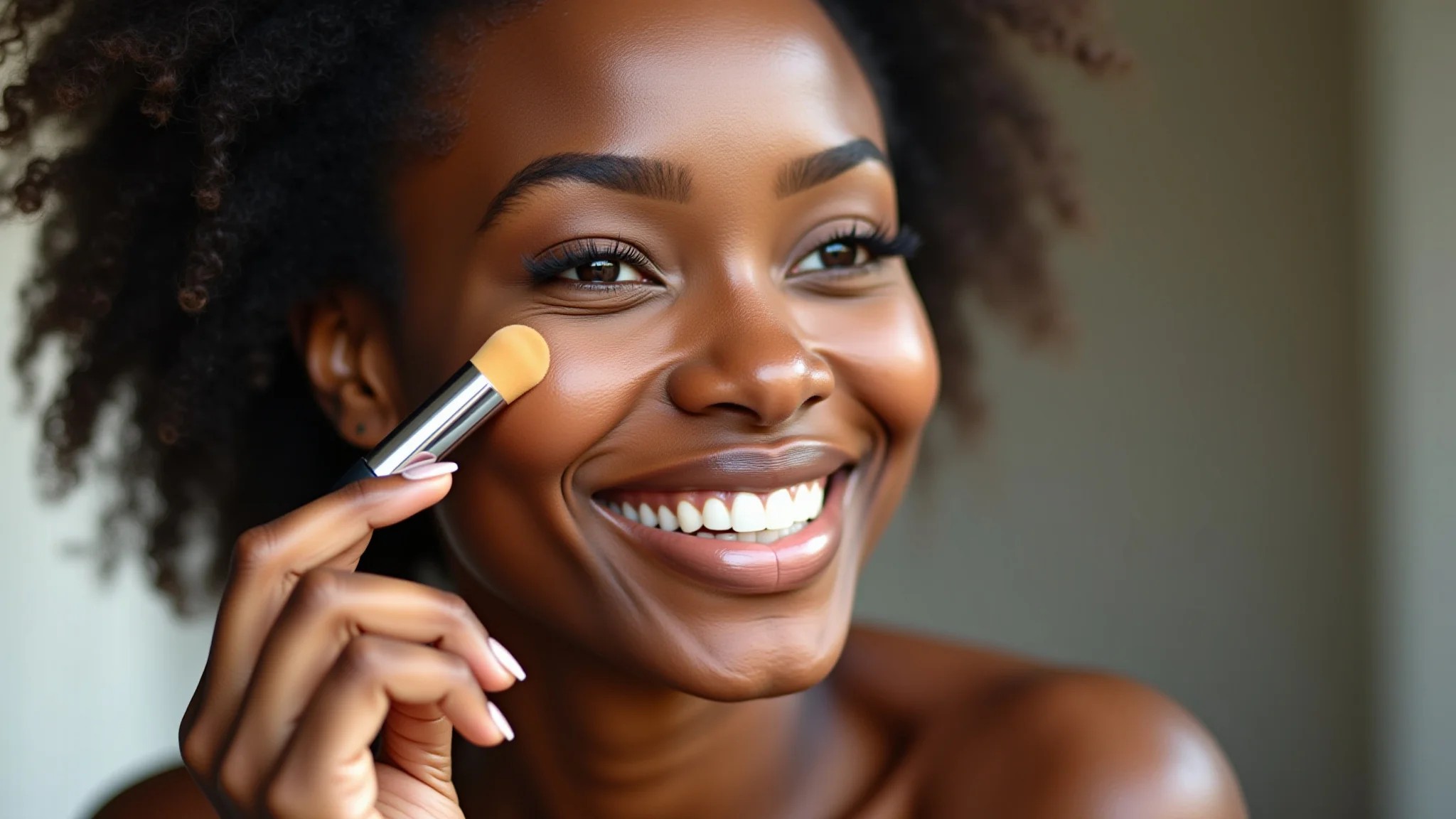 Mulher negra sorrindo aplica base, mostrando a diversidade de tons de pele.
