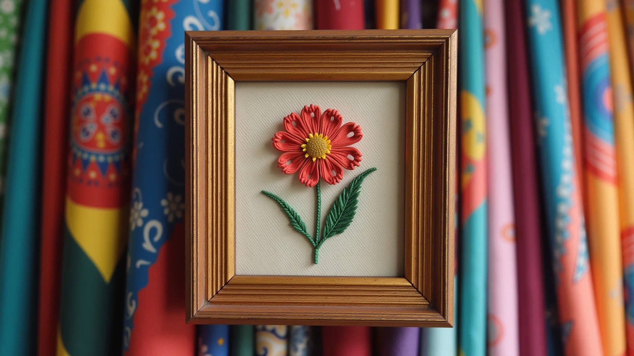 Quadro decorativo artesanal vibrante com tecidos coloridos brasileiros, texturas únicas.