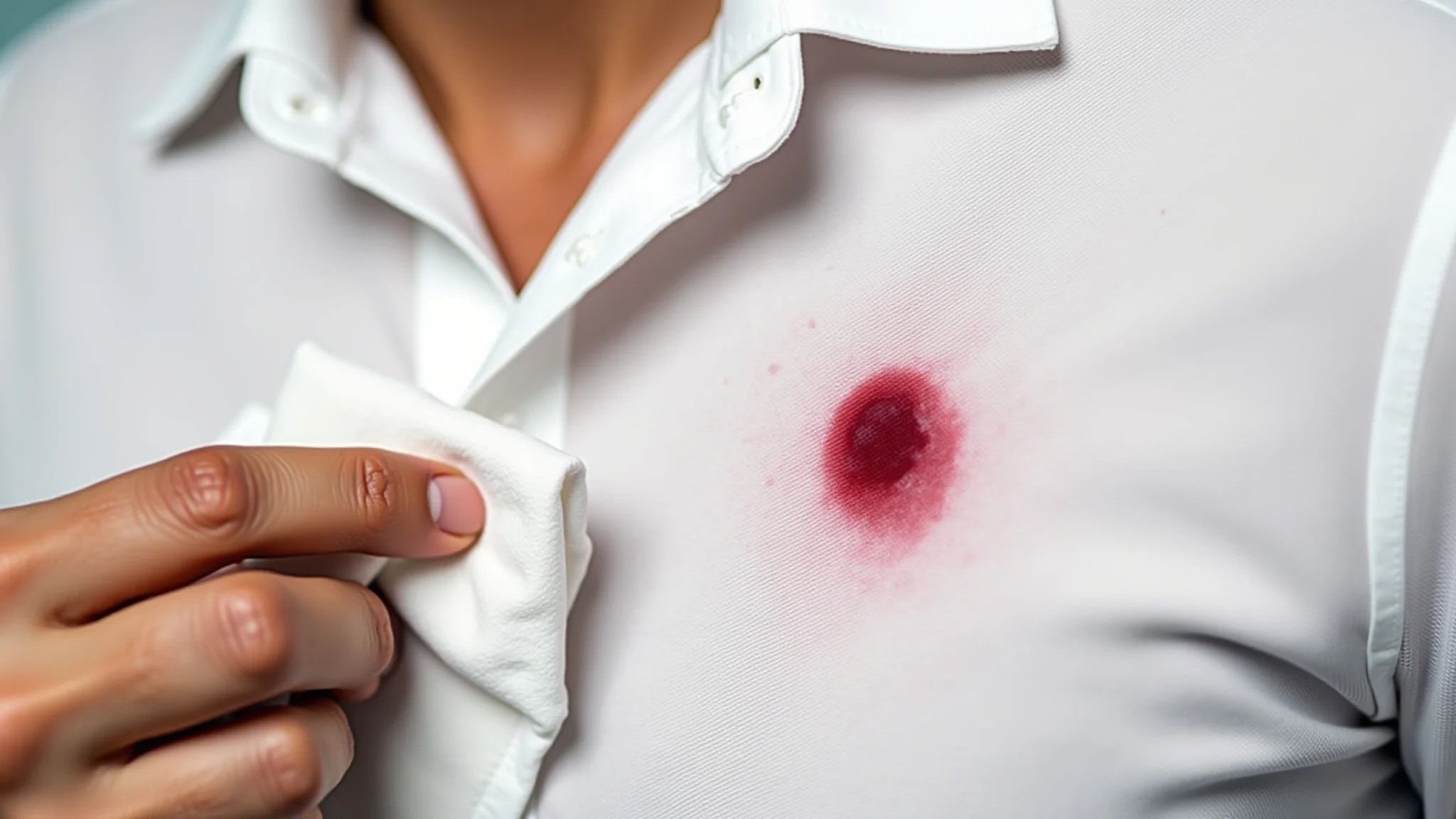 Mancha de vinho tinto em camisa branca sendo limpa com pano, foco na absorção do líquido.