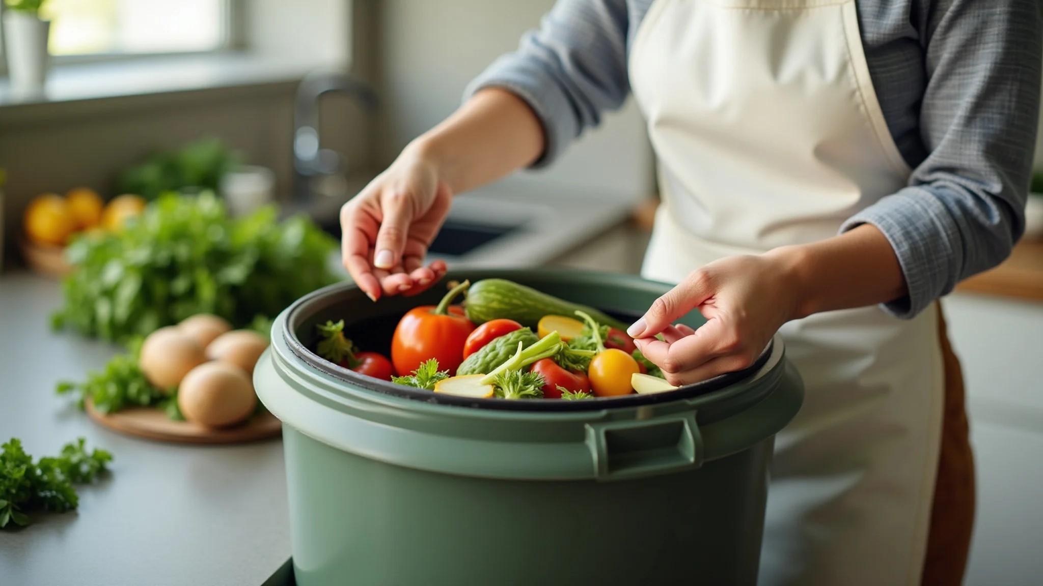 Mulher adicionando restos de vegetais em uma composteira doméstica moderna.