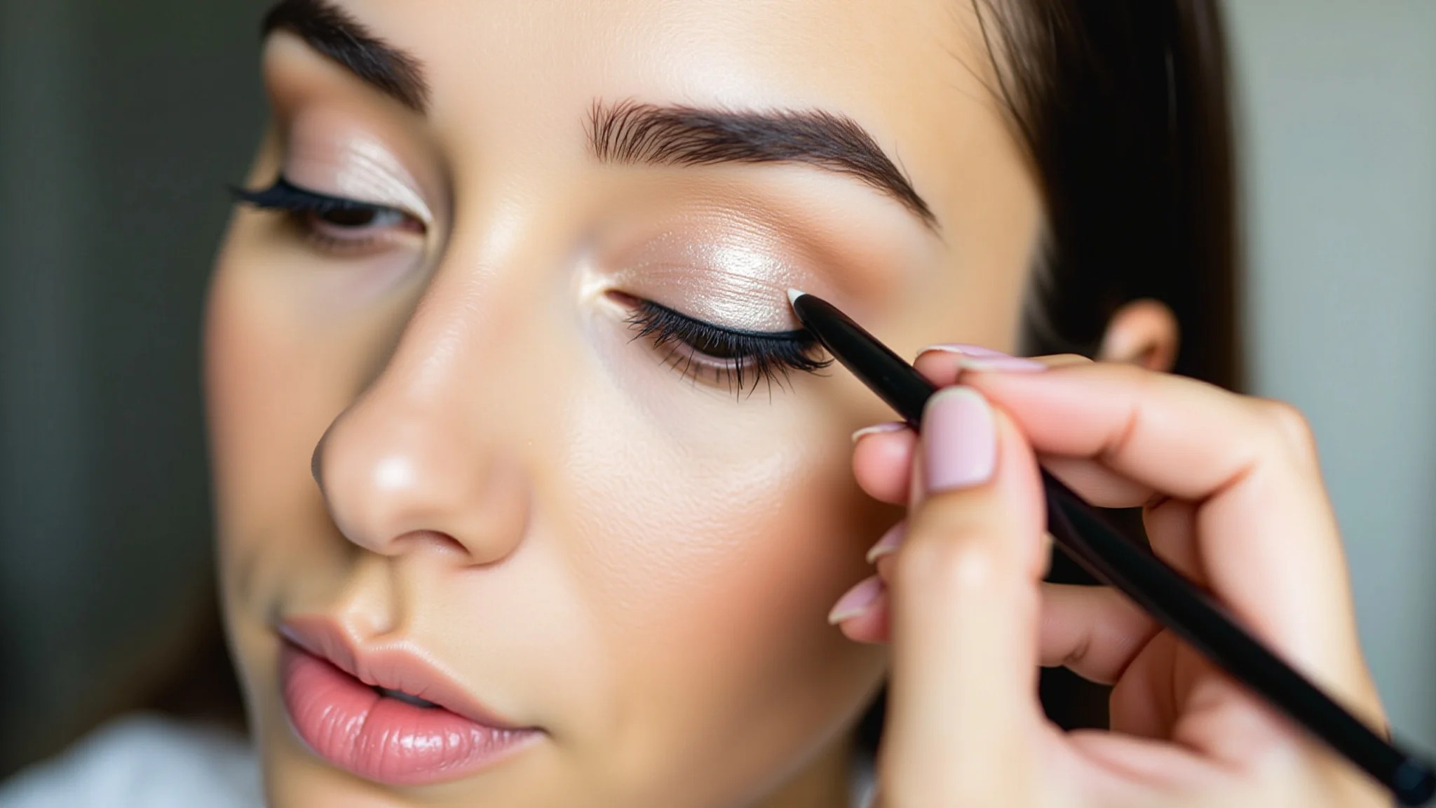 Aplicação de primer para sombras em pálpebra, mostrando textura suave e uniforme.