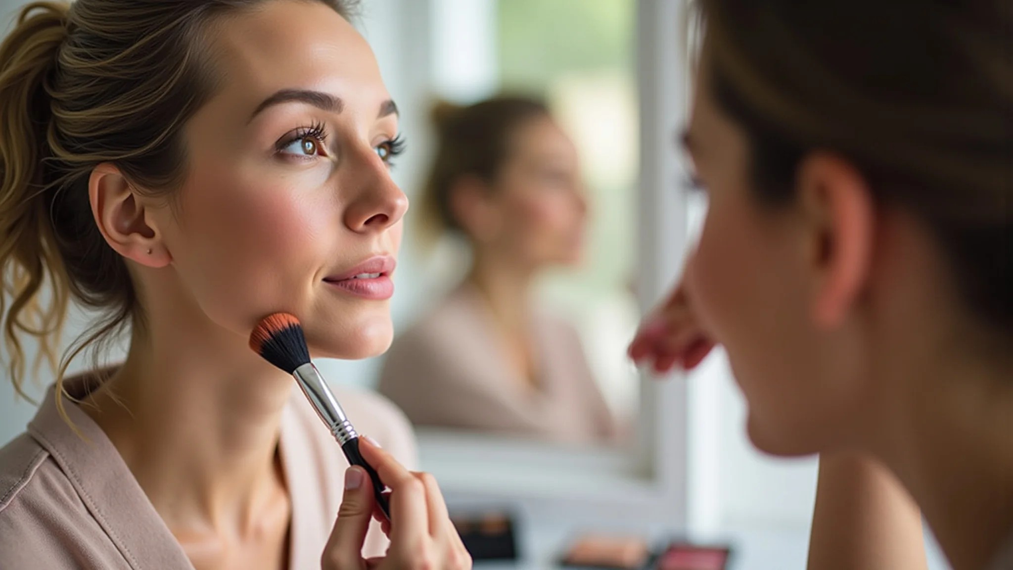 Mulher aplicando blush com pincel de maquiagem em frente ao espelho com luz natural.