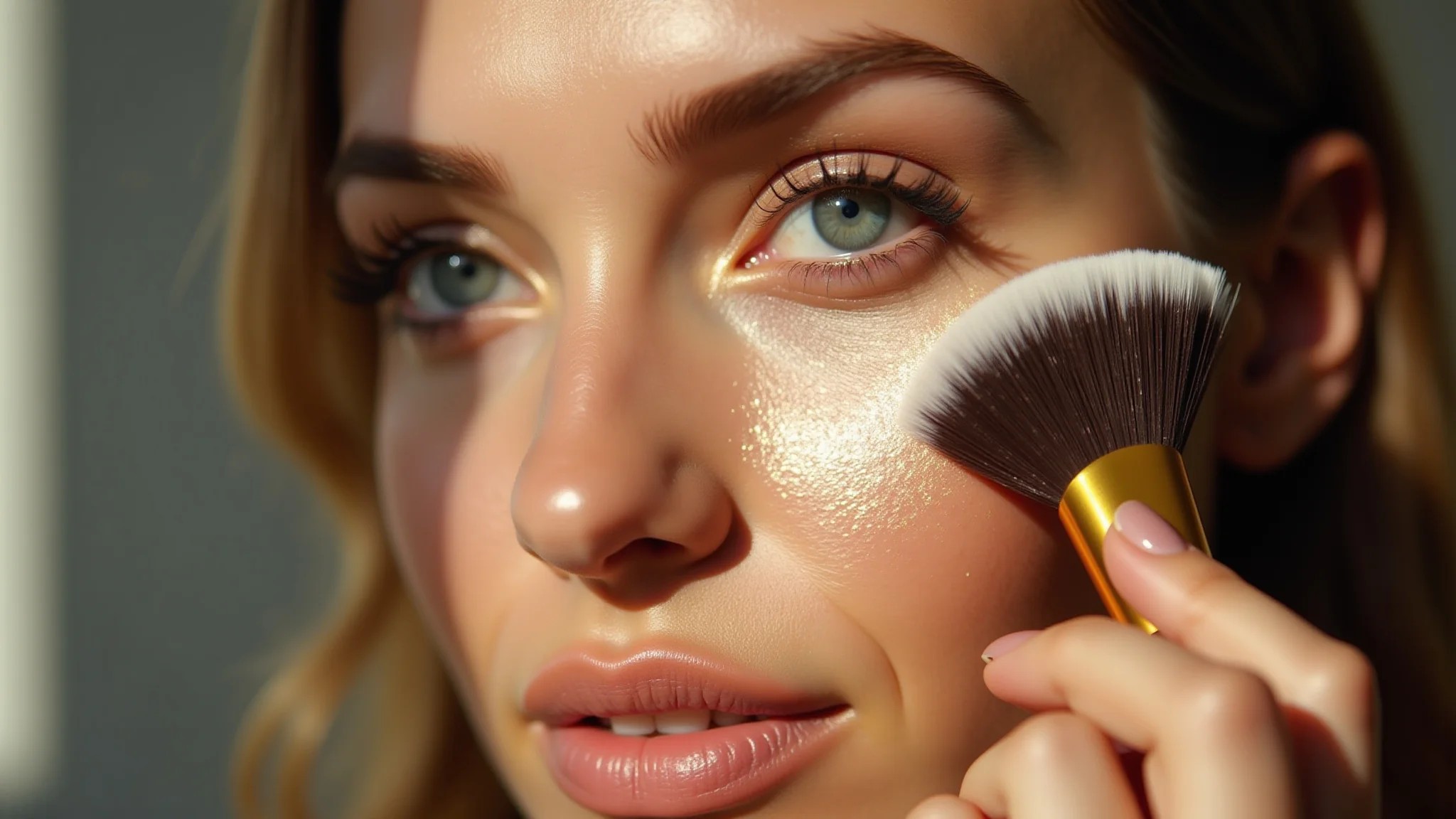 Mulher aplicando iluminador com pincel leque para um brilho suave e natural.
